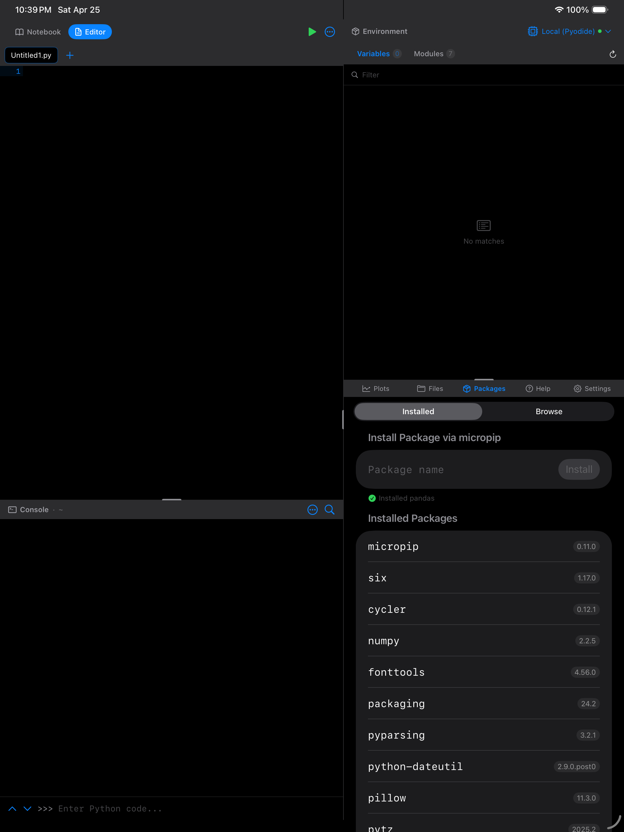 Packages tab on iPad in dark mode showing installed packages
