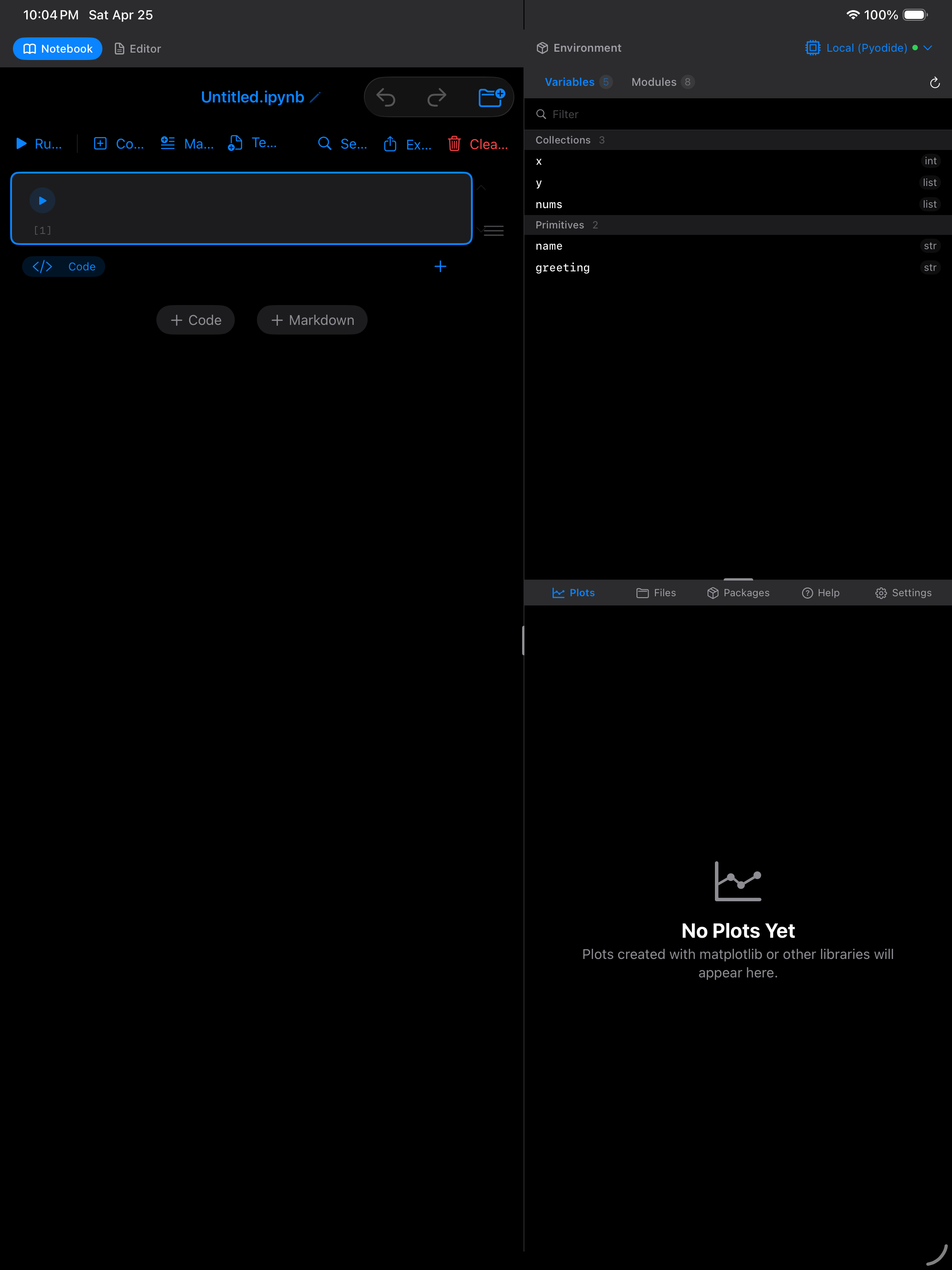 Notebook running code on a remote kernel on iPad in dark mode
