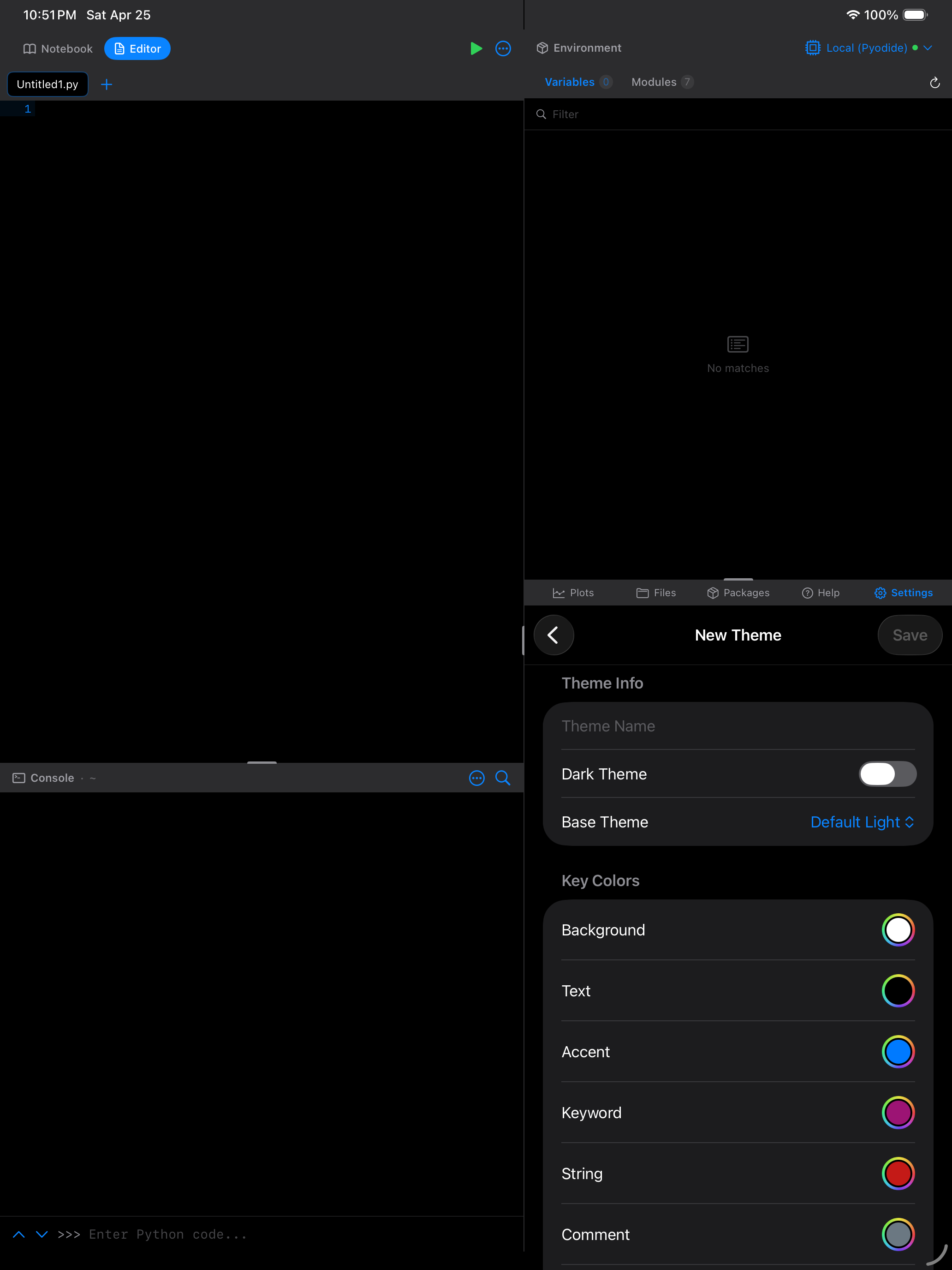 Theme editor on iPad in dark mode