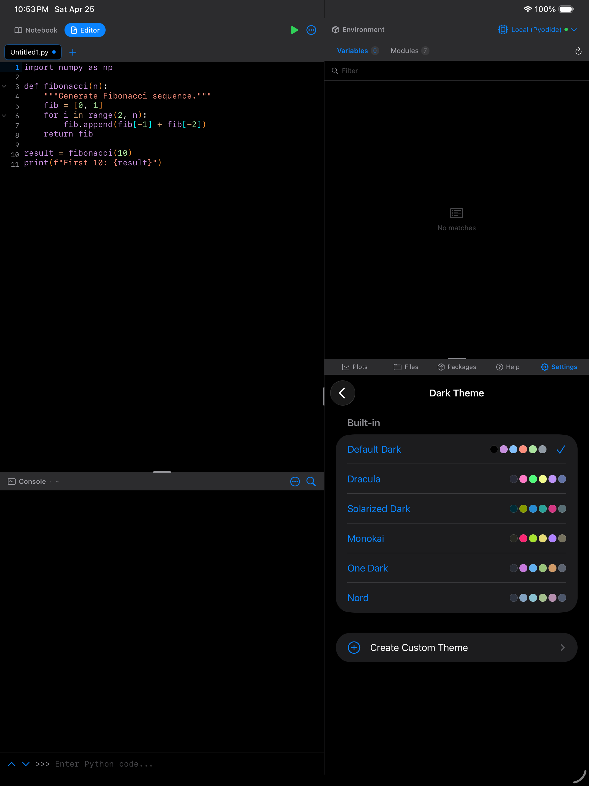 Editor with Dracula theme on iPad in dark mode