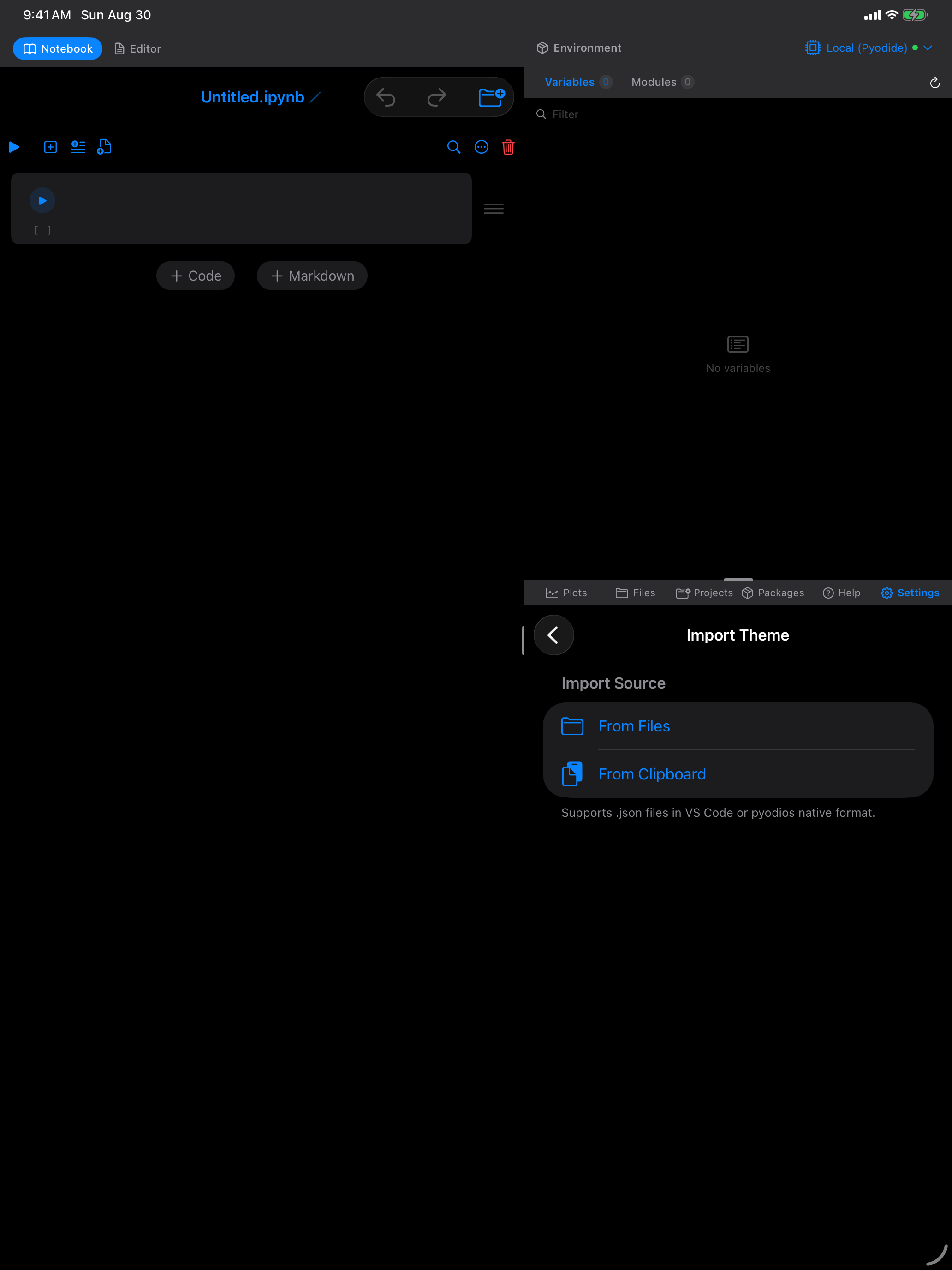 Import Theme screen on iPad in dark mode