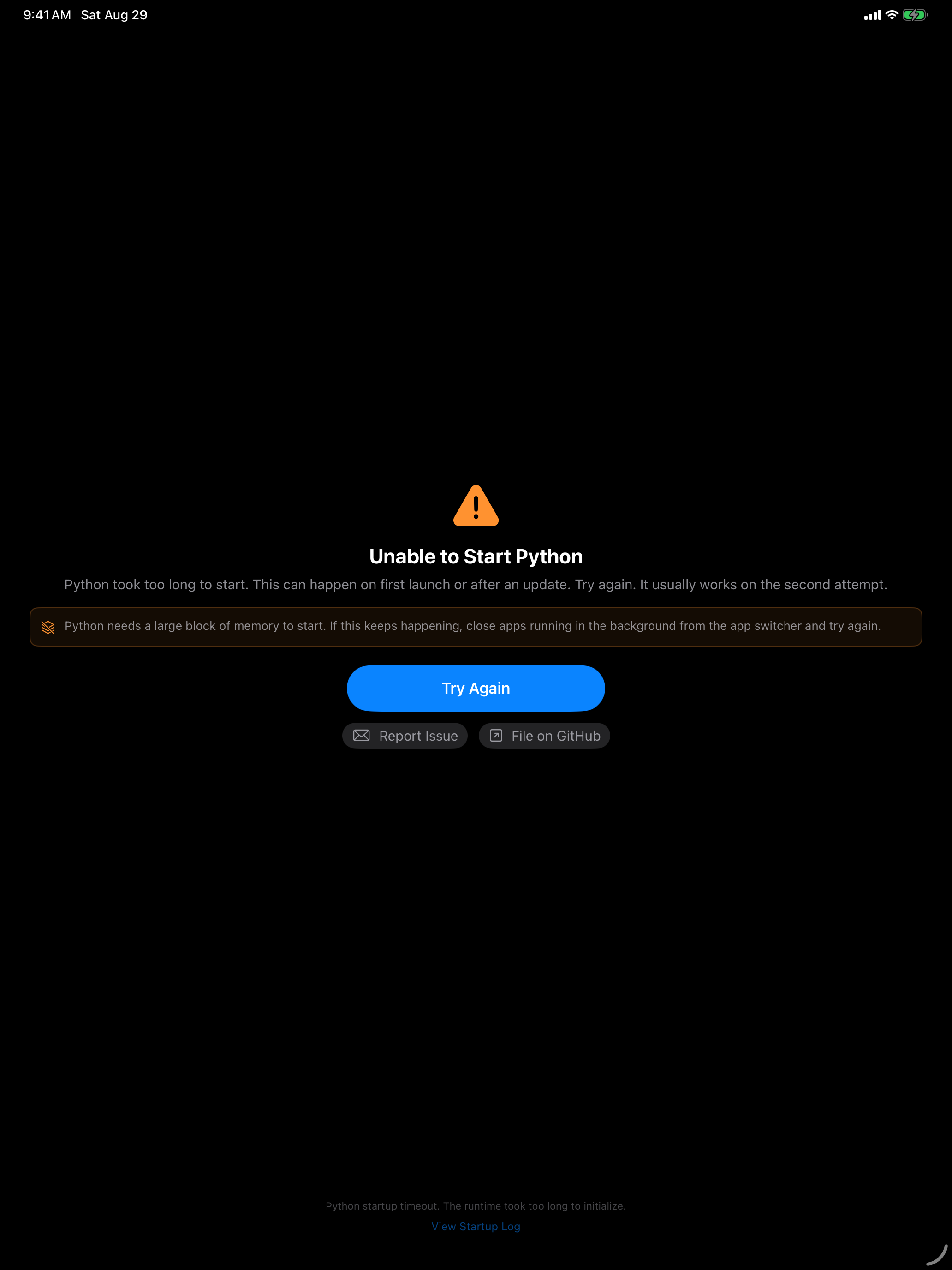 The Unable to Start Python screen on iPad in dark mode