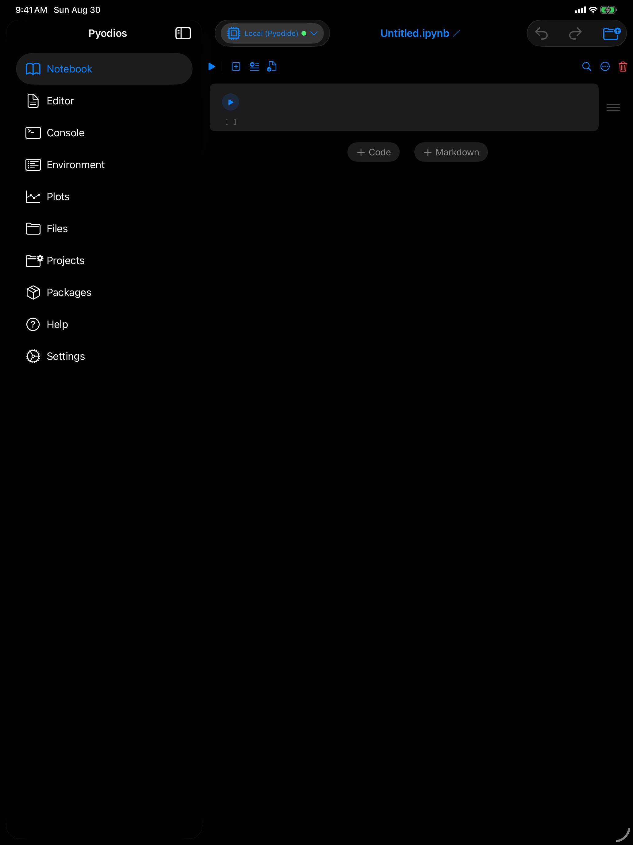 iPad sidebar layout listing every section, with the notebook in the detail pane in dark mode