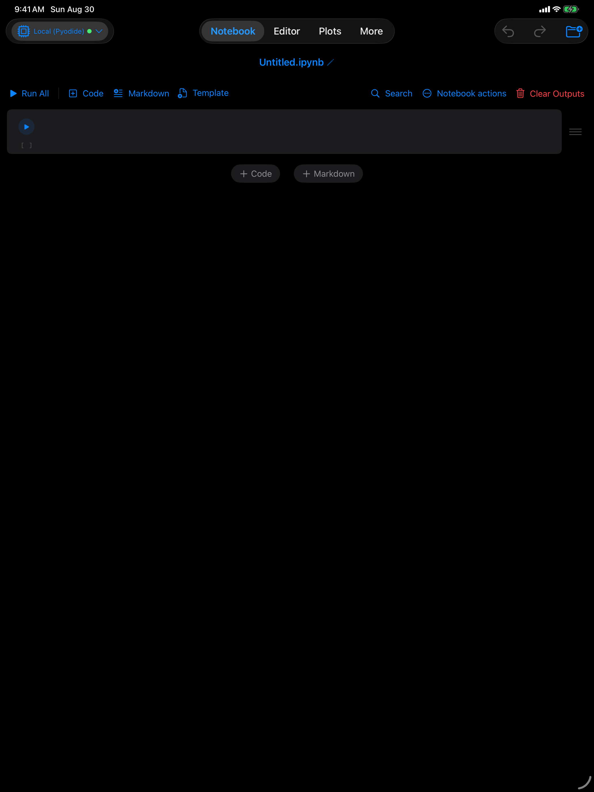 Notebook filling the iPad screen with the tab row along the top in dark mode