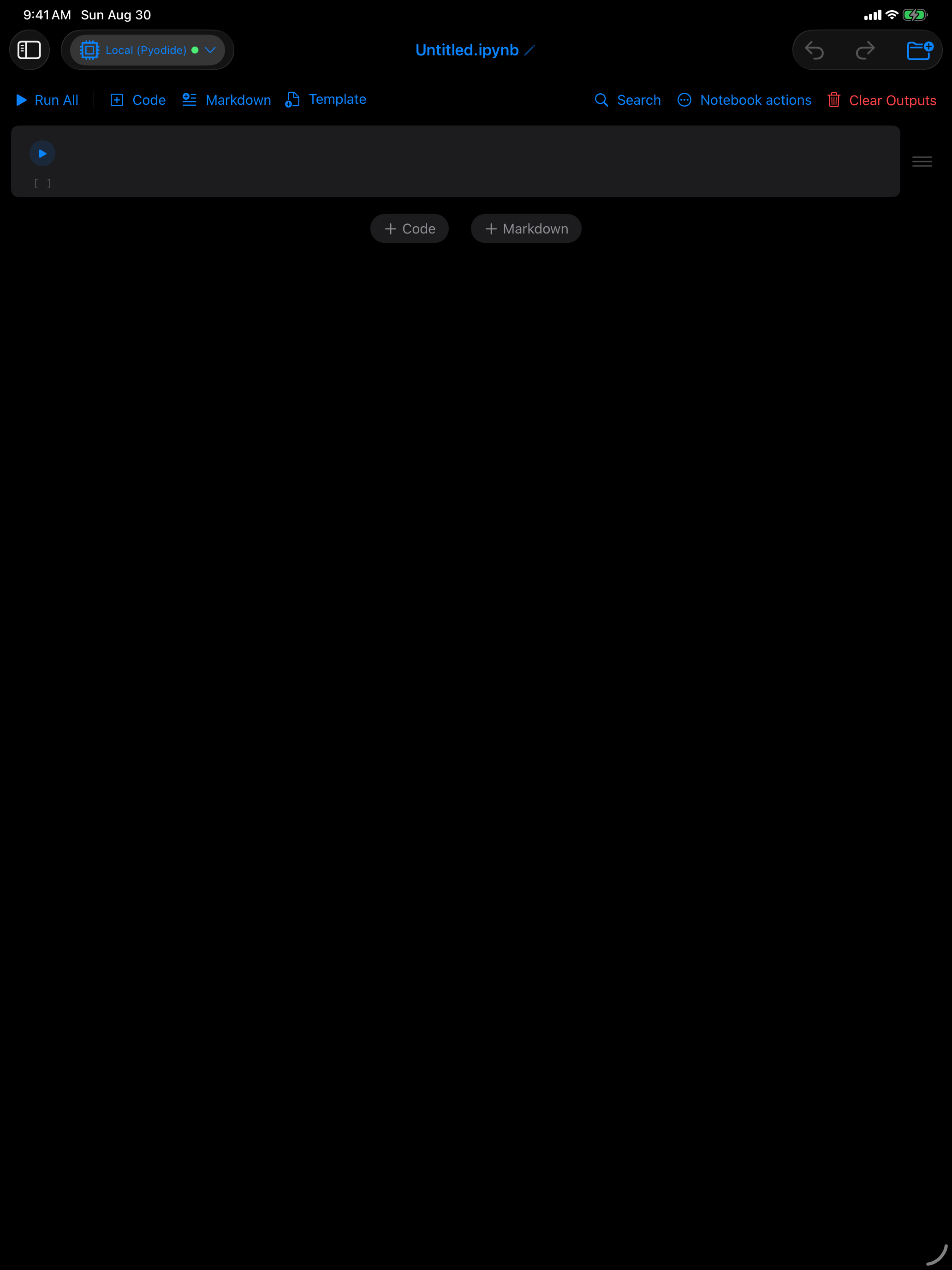 iPad sidebar layout with the sidebar collapsed, the notebook using the full width in dark mode