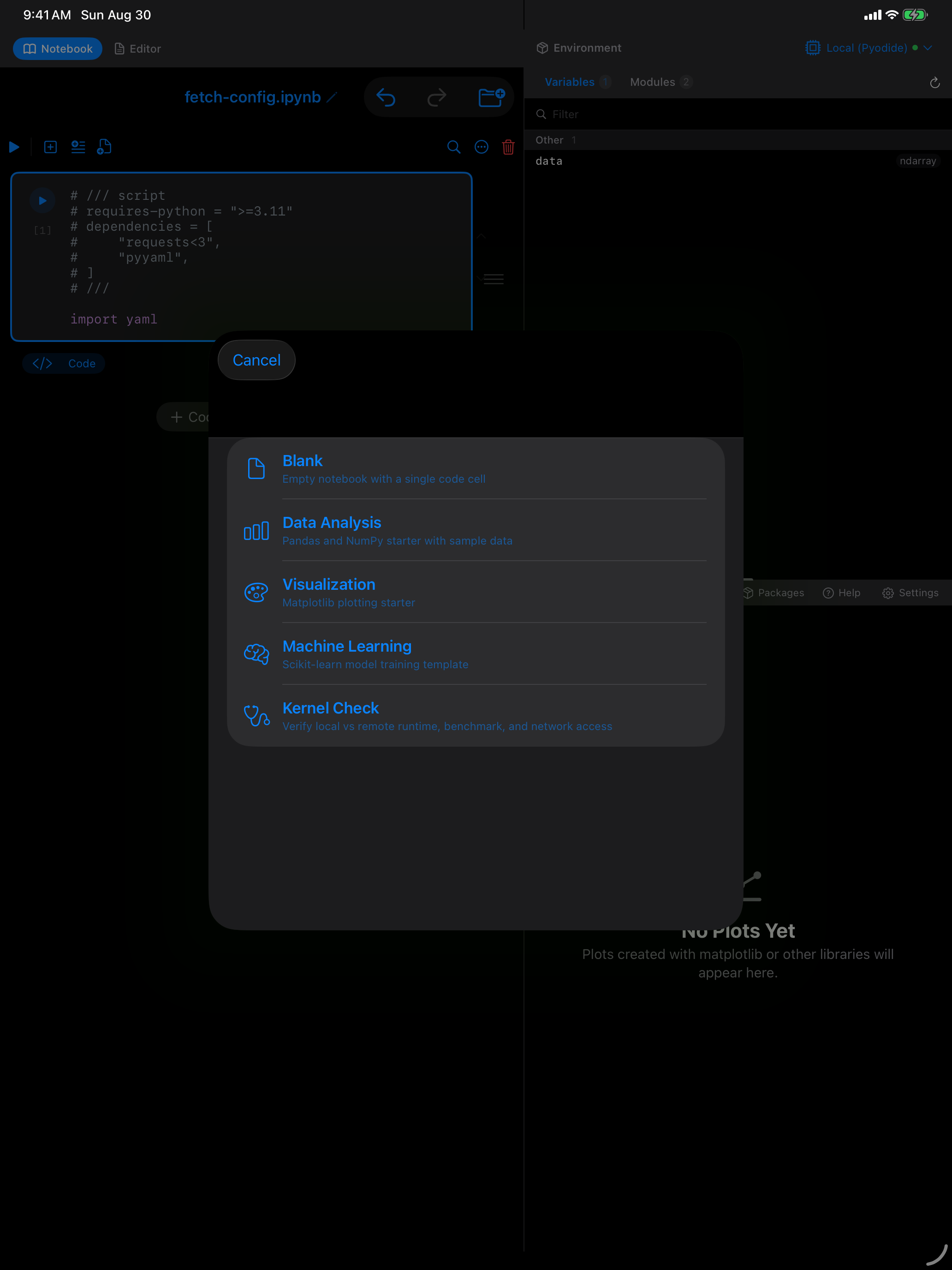 Template picker listing Blank, Data Analysis, Visualization, Machine Learning and Kernel Check in dark mode