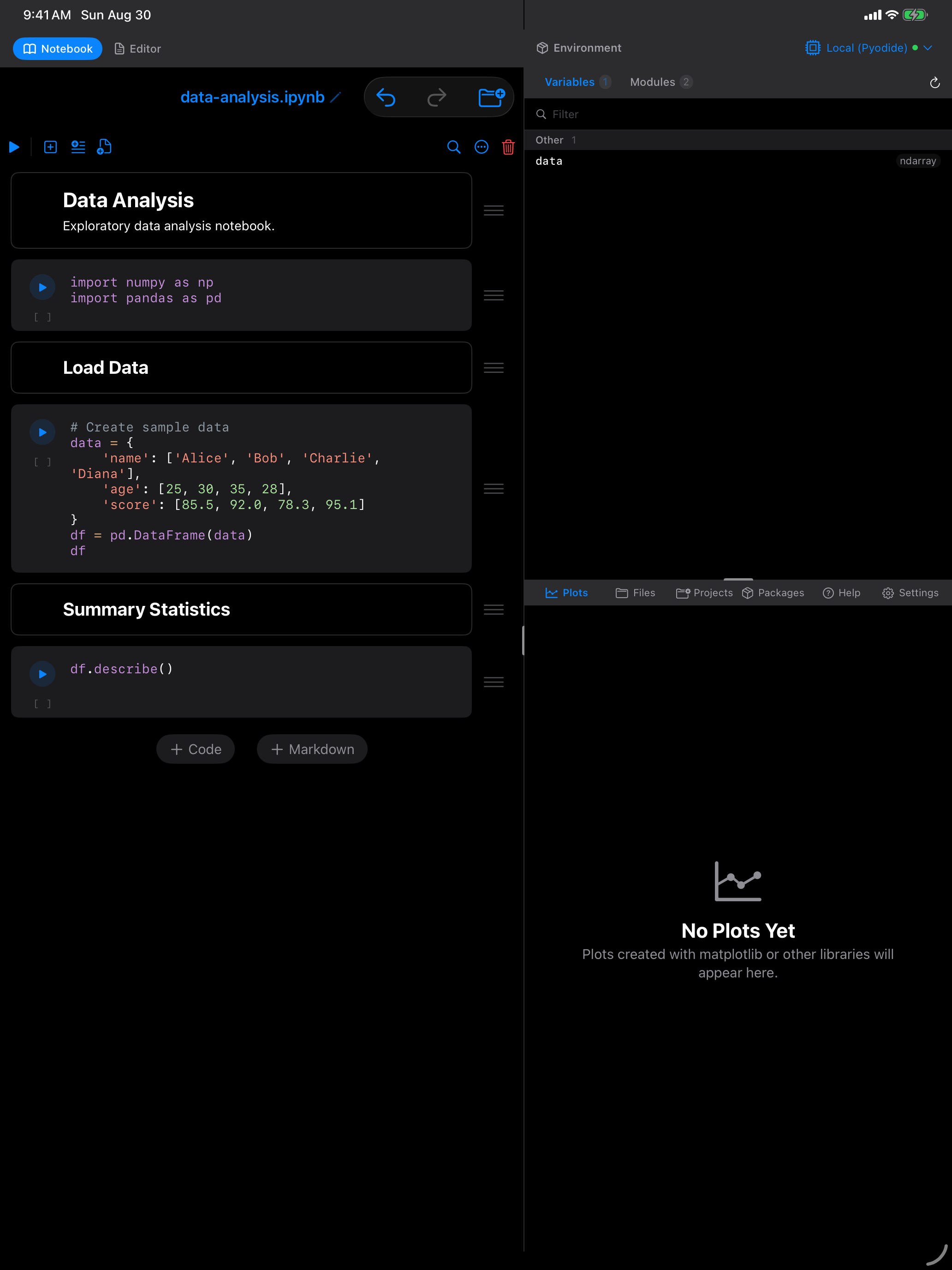 Data Analysis template: pandas import and a DataFrame of sample data in dark mode