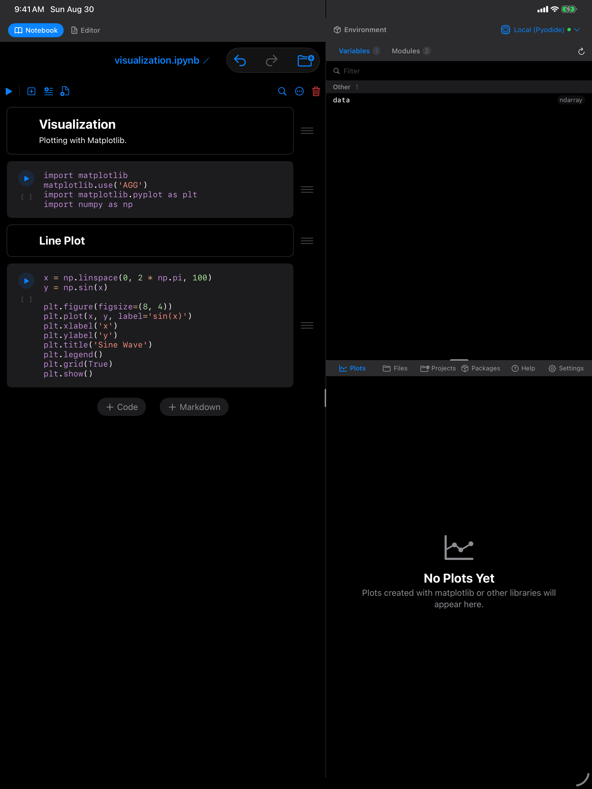 Visualization template: matplotlib set up and a sine wave in dark mode