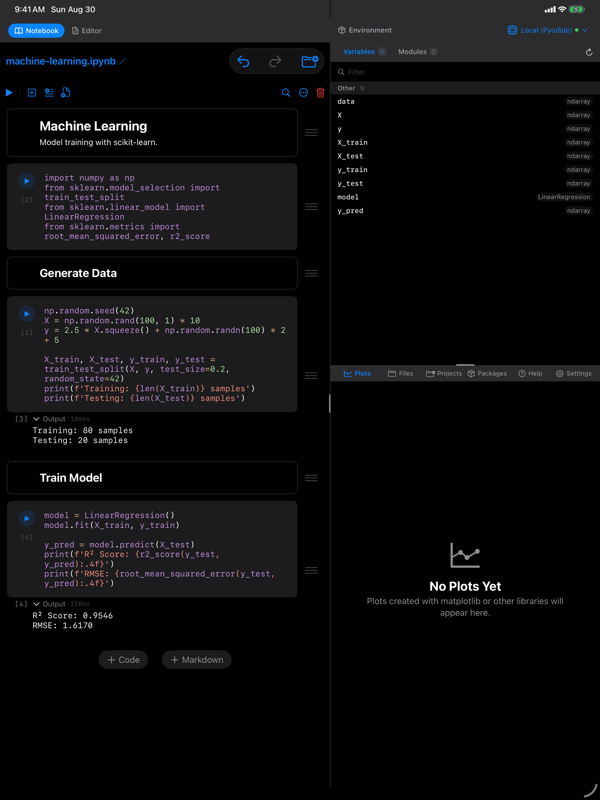 Machine Learning template after running: R squared and RMSE printed, variables in the Environment pane in dark mode