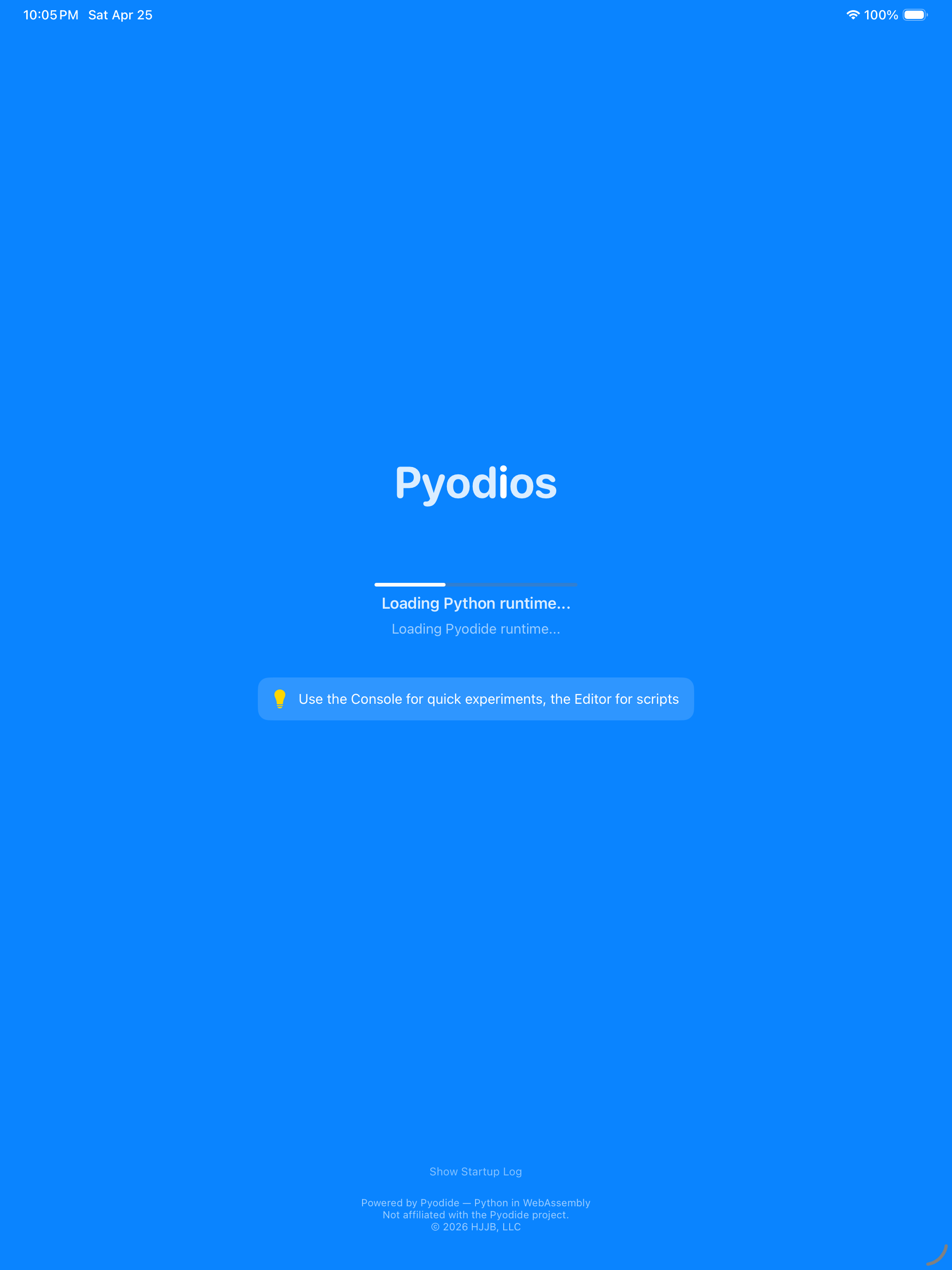 Pyodios loading screen with progress bar on iPad in dark mode