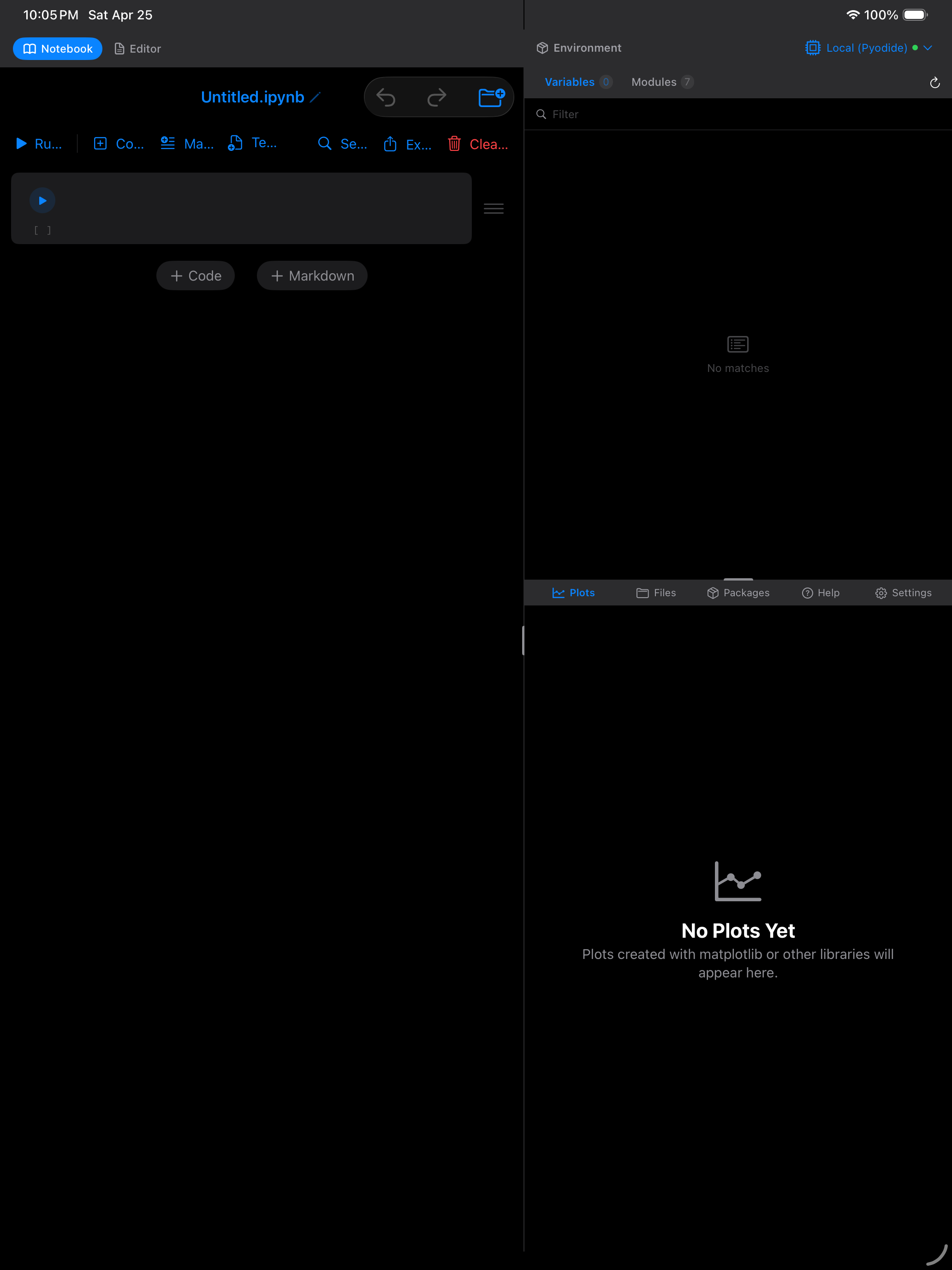 Blank notebook ready for input on iPad in dark mode