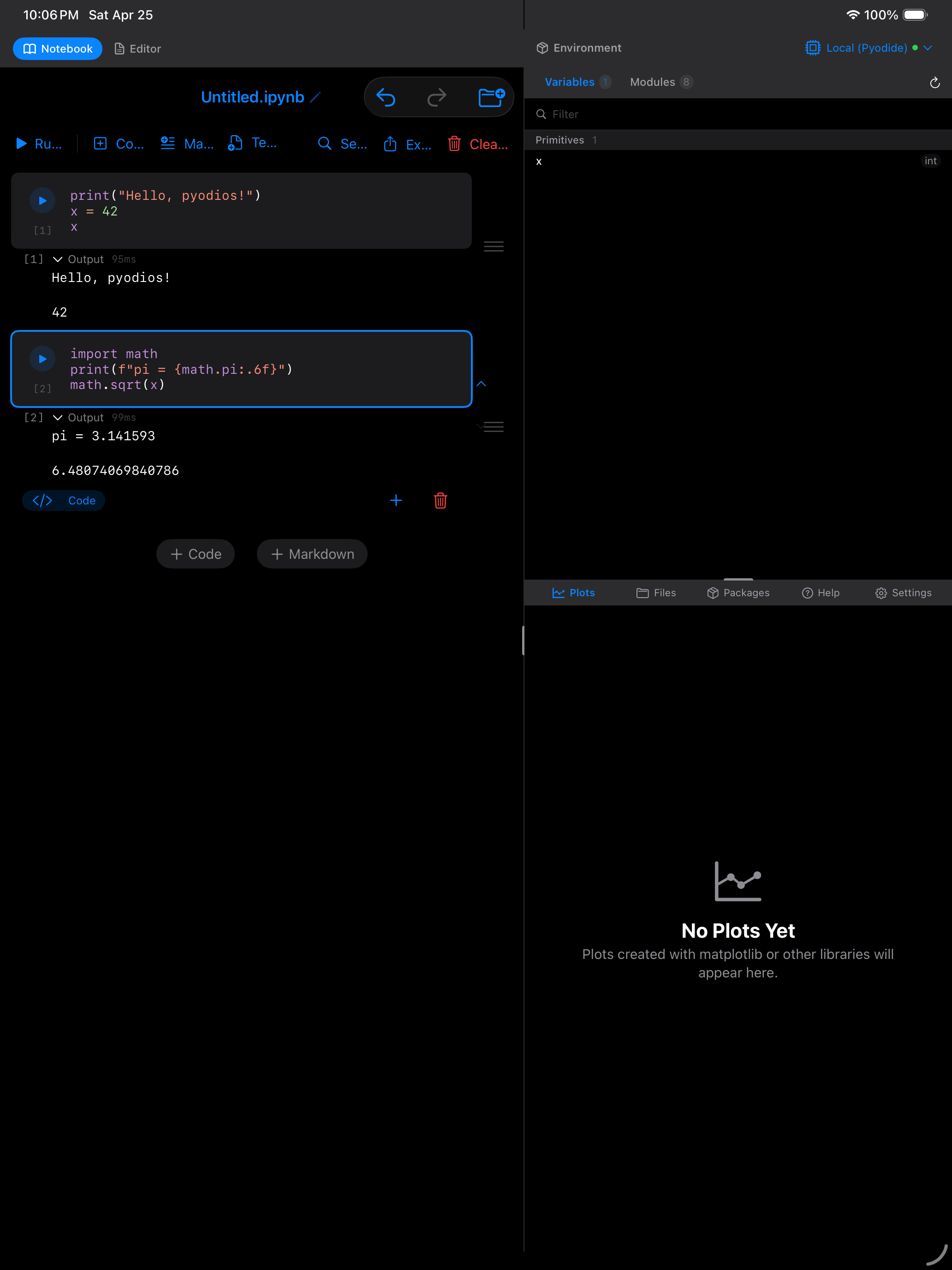 Notebook with math output on iPad in dark mode