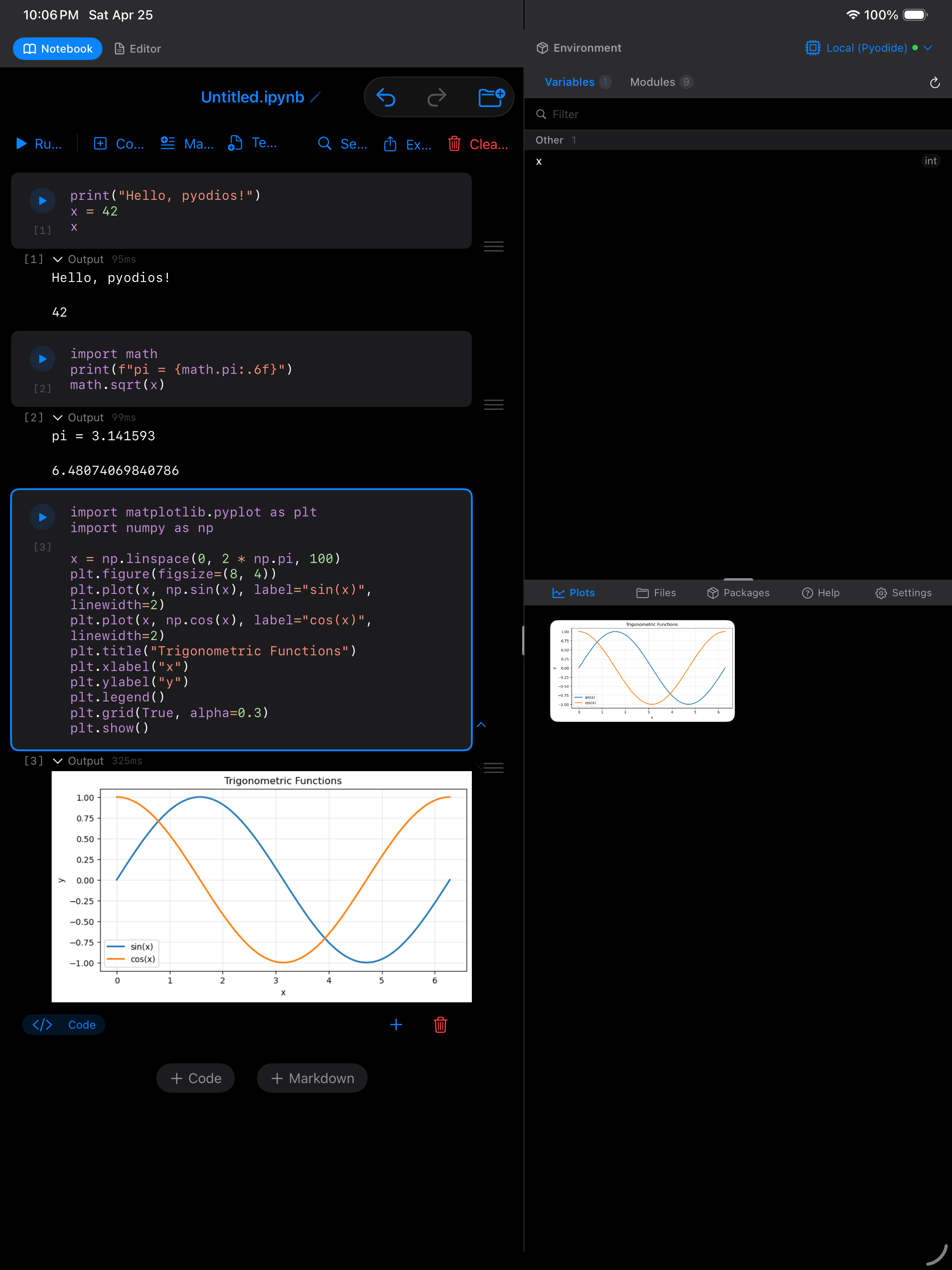 Notebook with plot code and inline output on iPad in dark mode