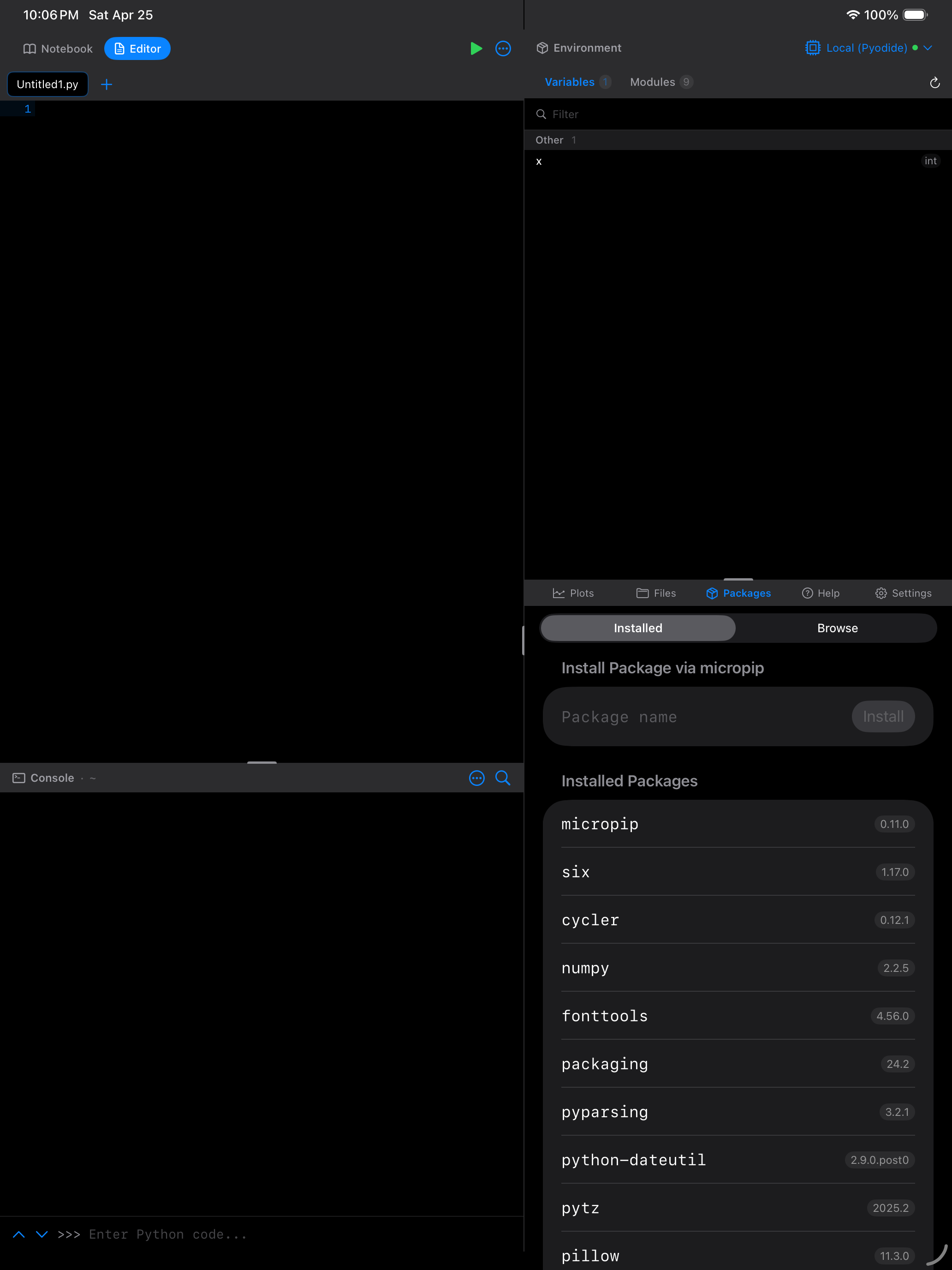 Packages tab on iPad in dark mode with inline Install Package field