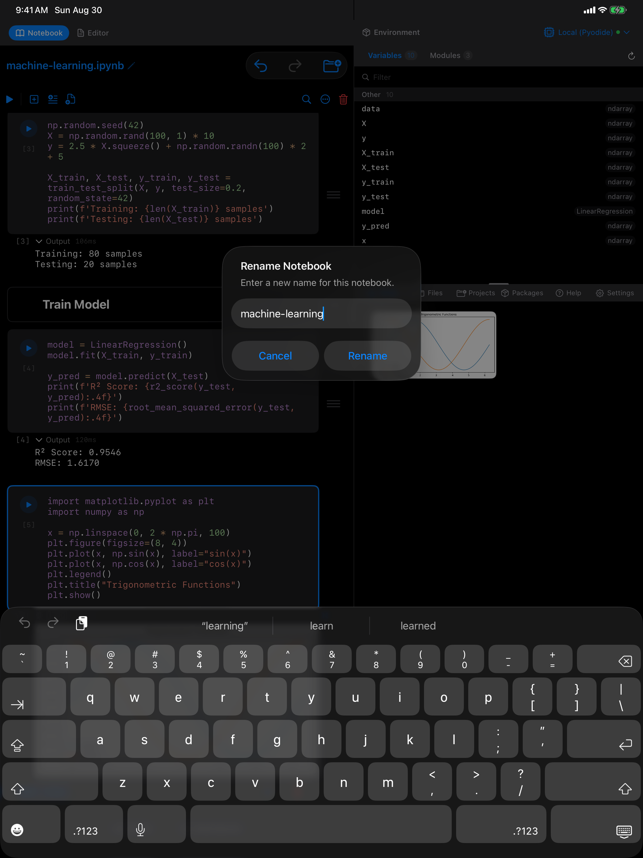 Rename Notebook dialog on iPad in dark mode