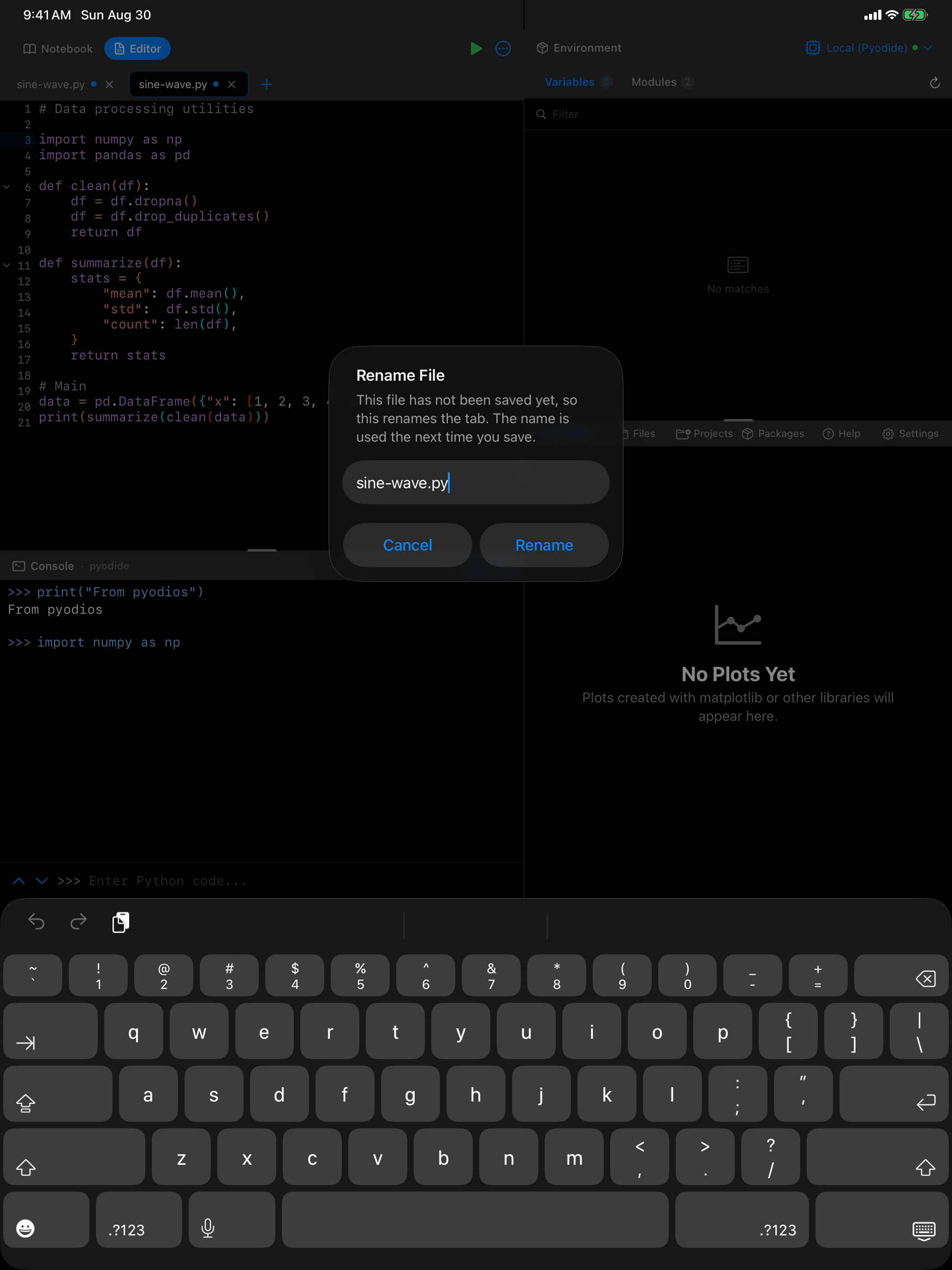 Rename File dialog in the Editor on iPad in dark mode
