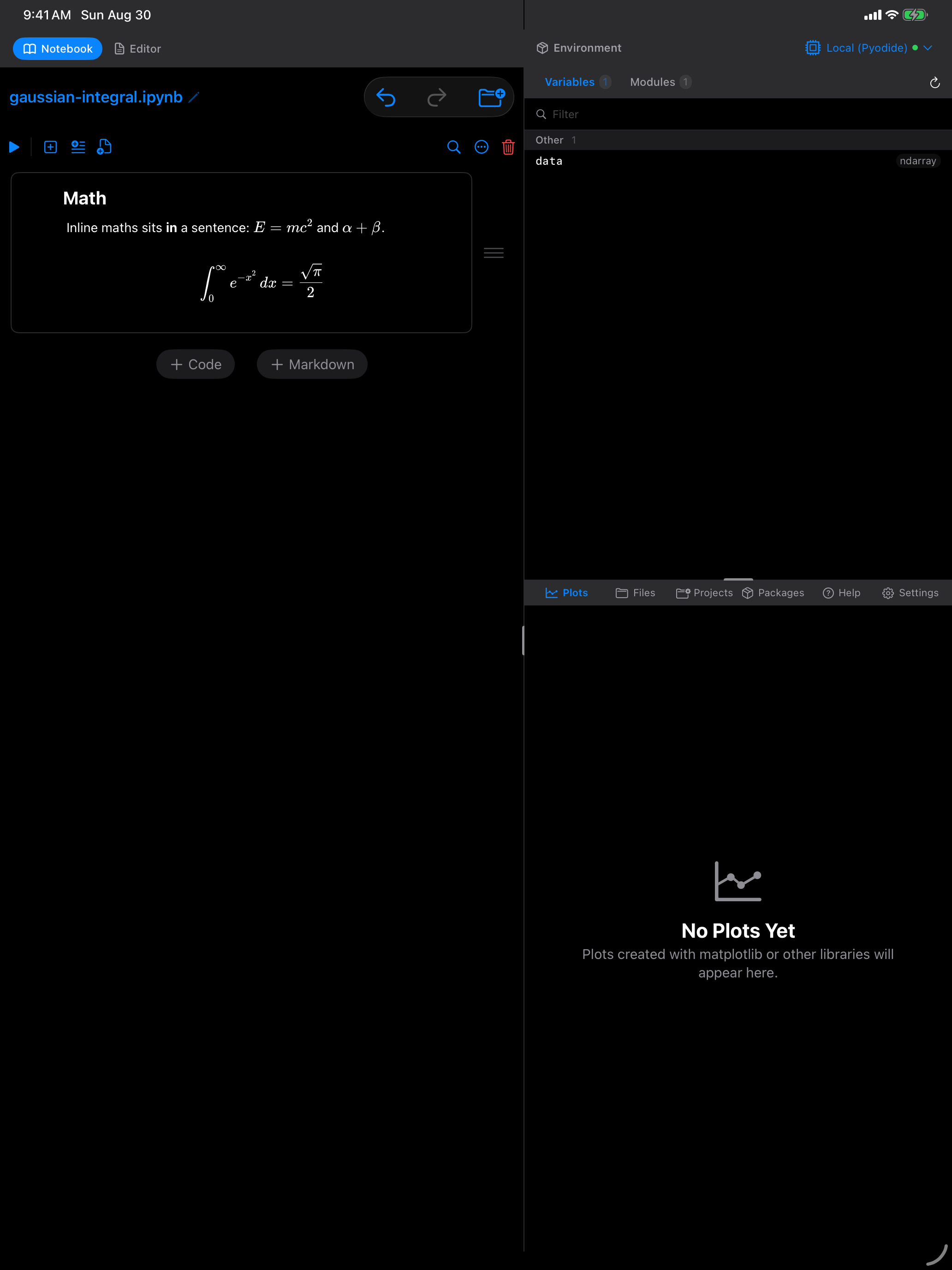 Markdown cell on iPad in dark mode showing rendered maths
