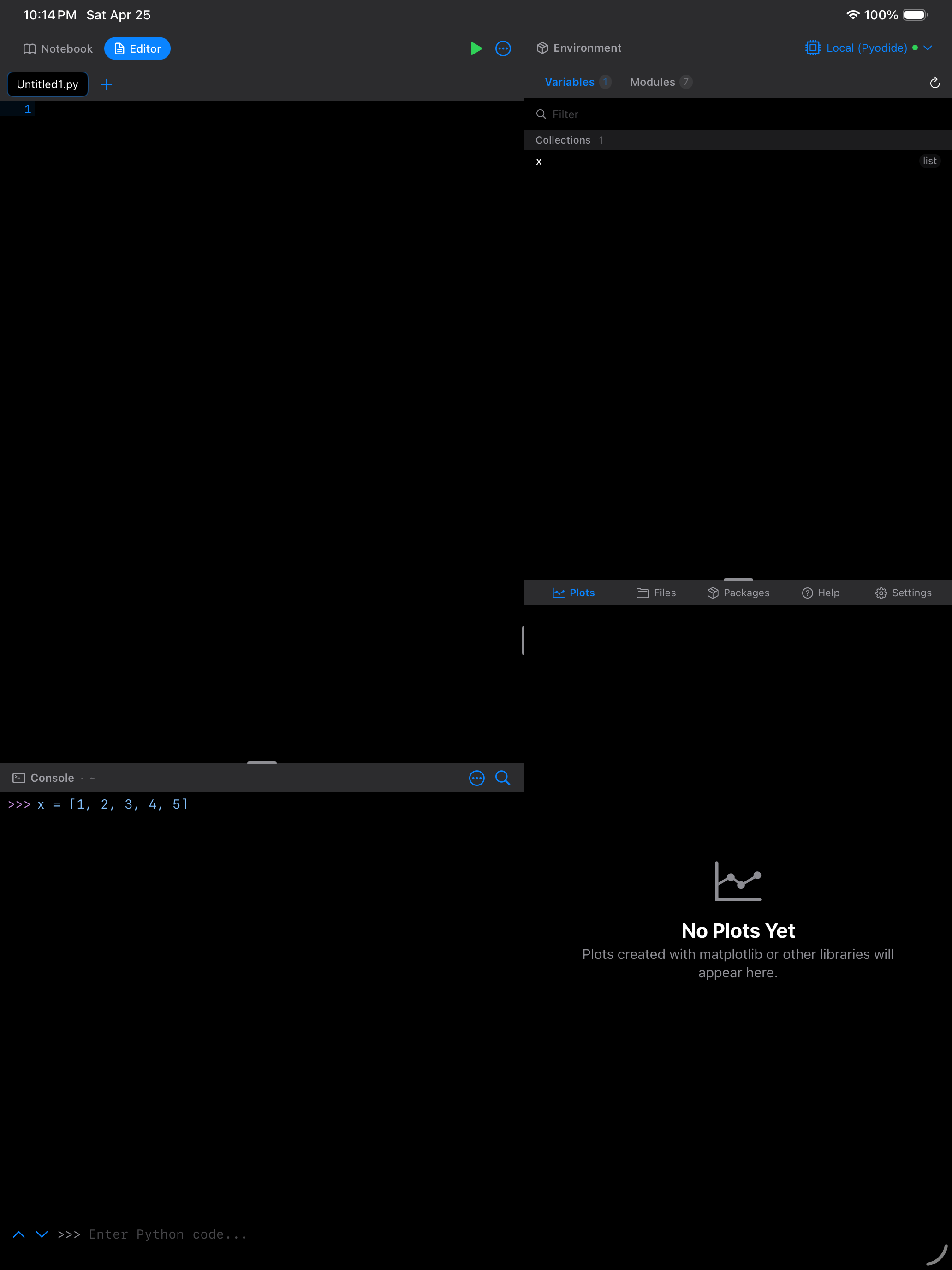 Console after running x = [1,2,3,4,5] on iPad