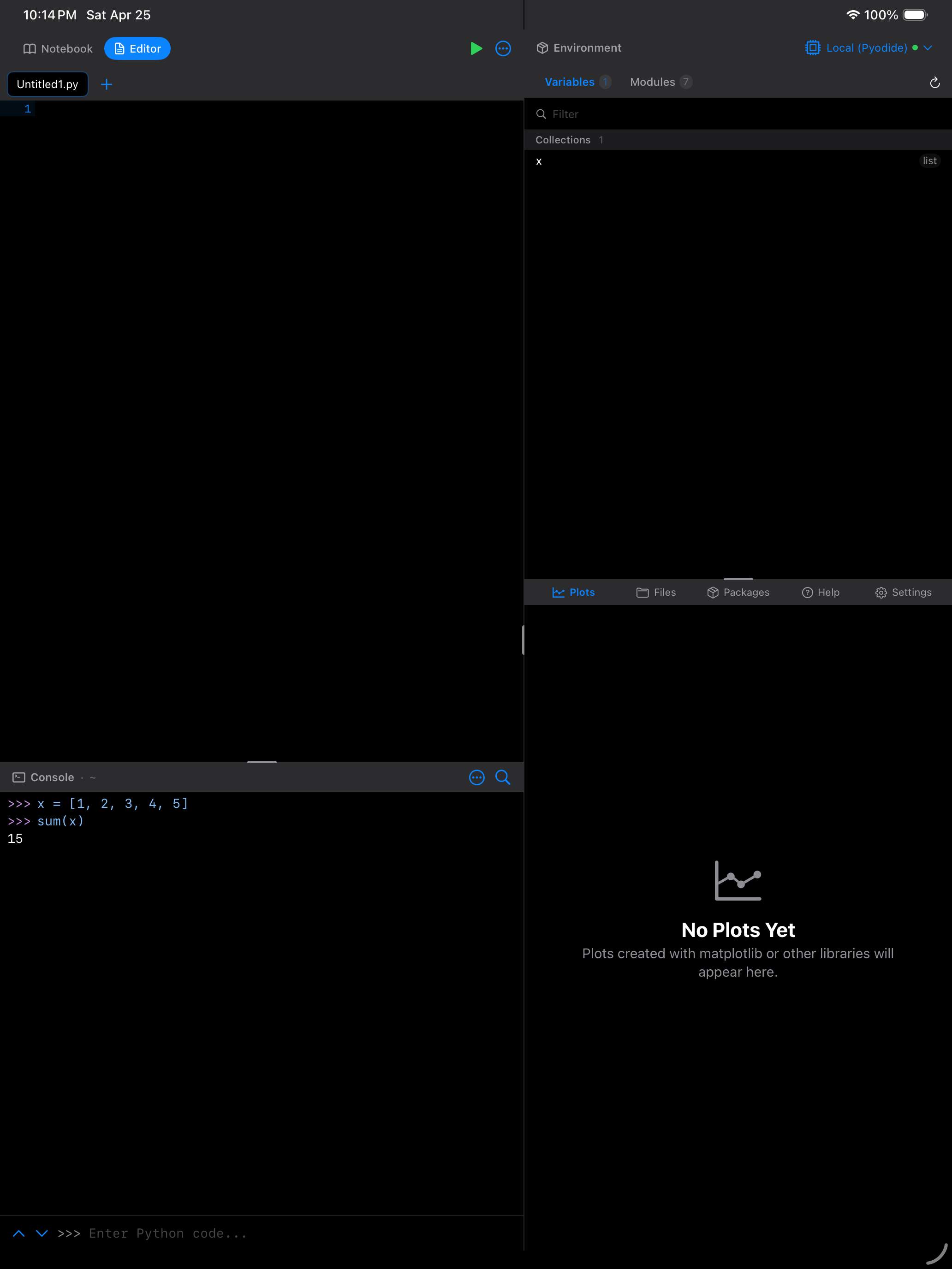 Console after running sum(x) on iPad
