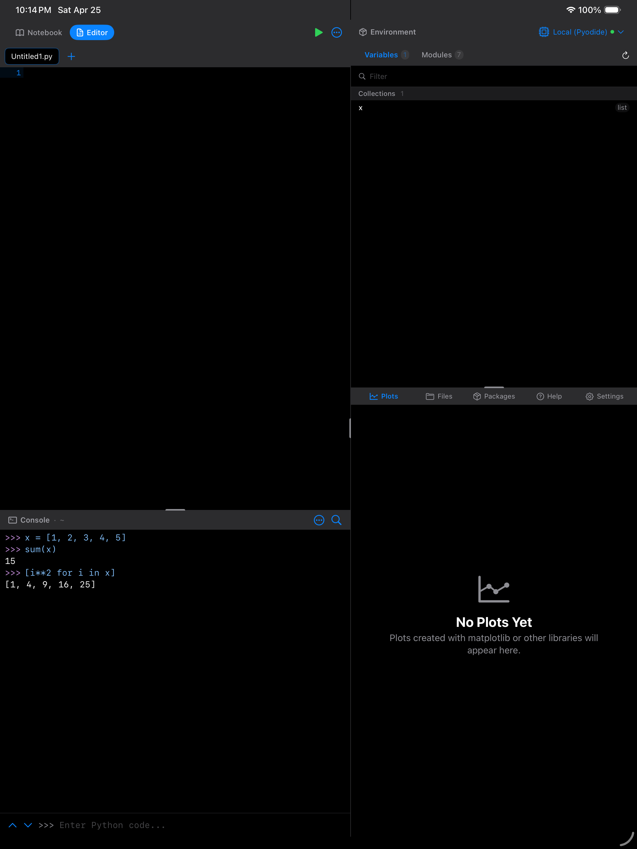 Console after running list comprehension on iPad