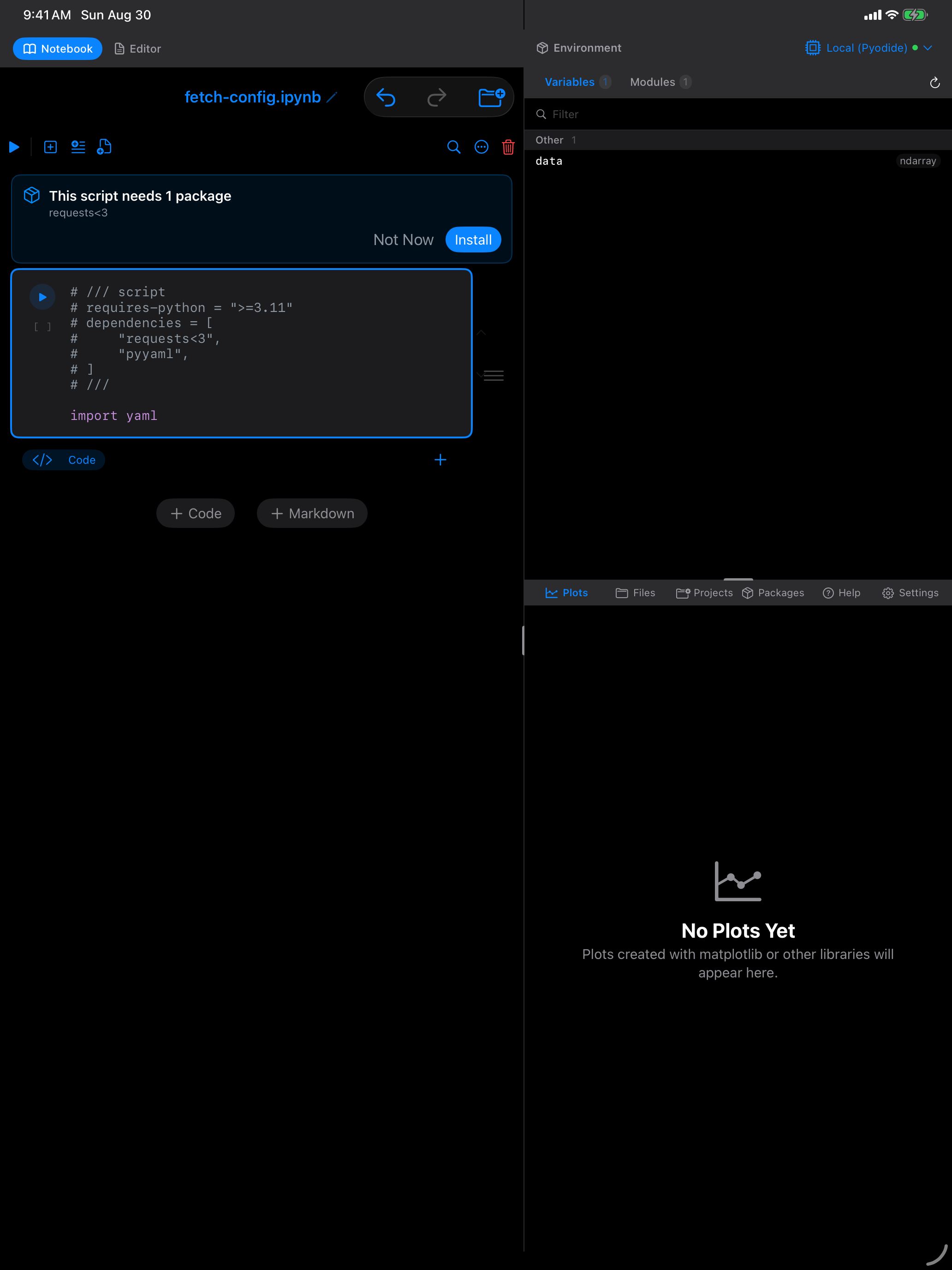 The script dependency banner on iPad in dark mode