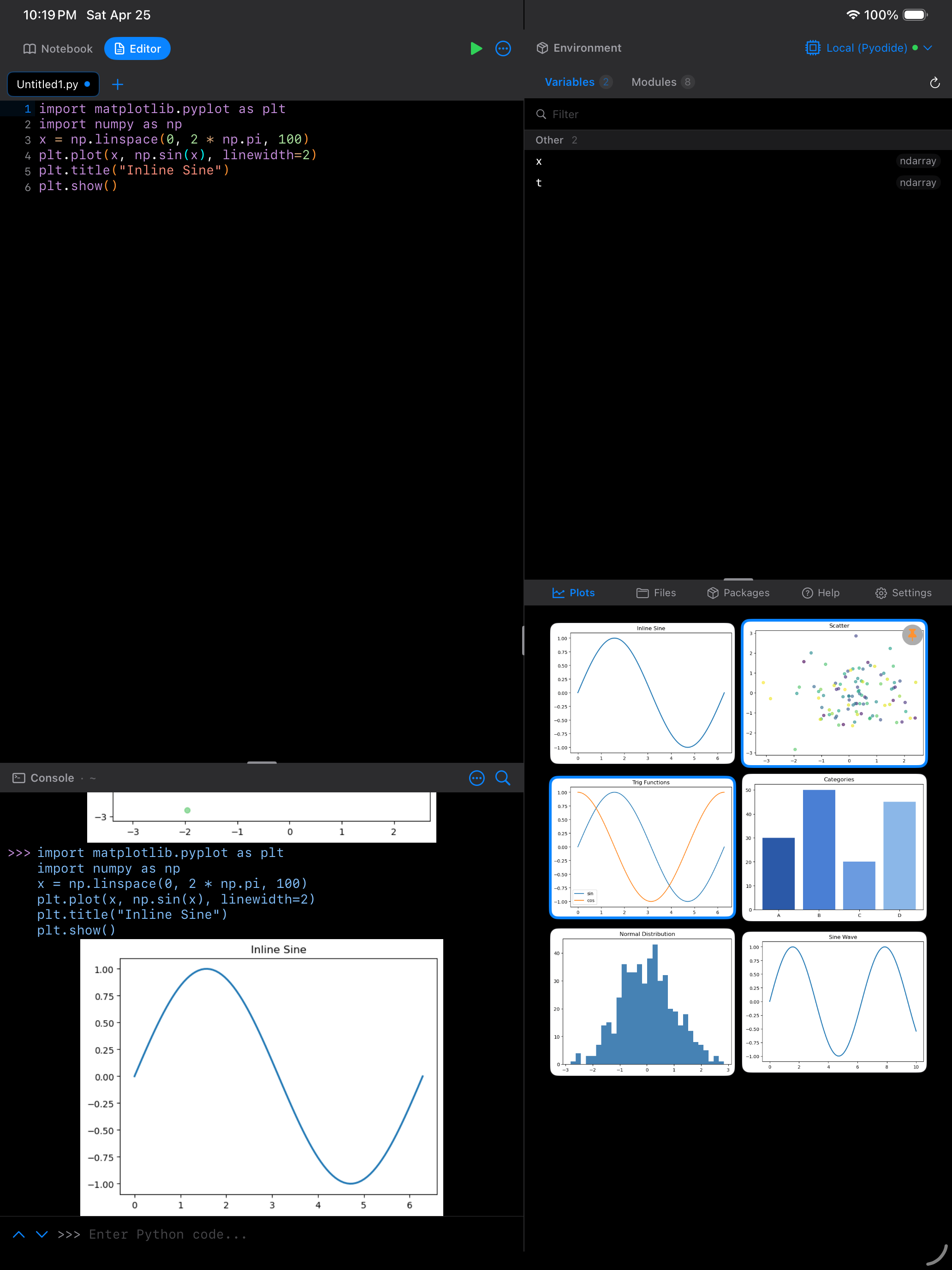 Editor with an inline matplotlib plot on iPad
