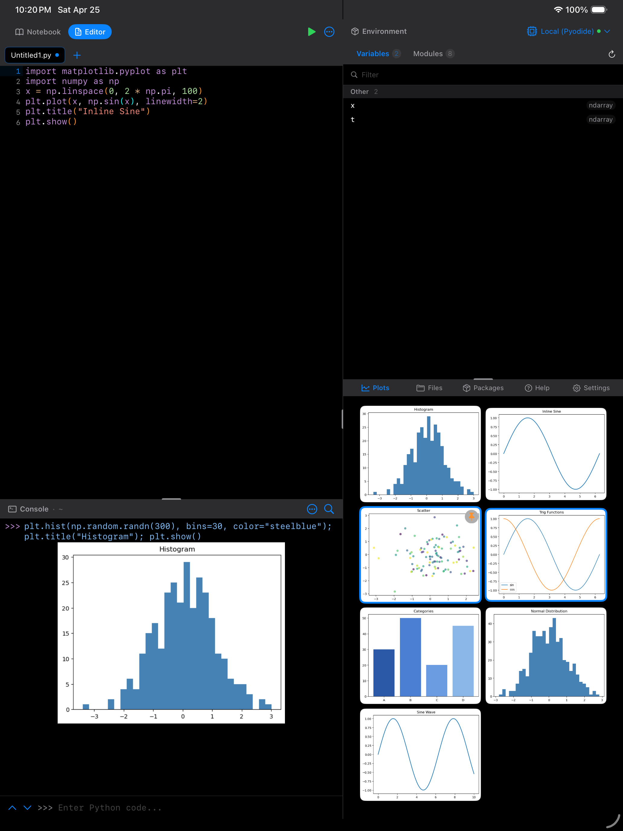 Console with a histogram rendered inline on iPad