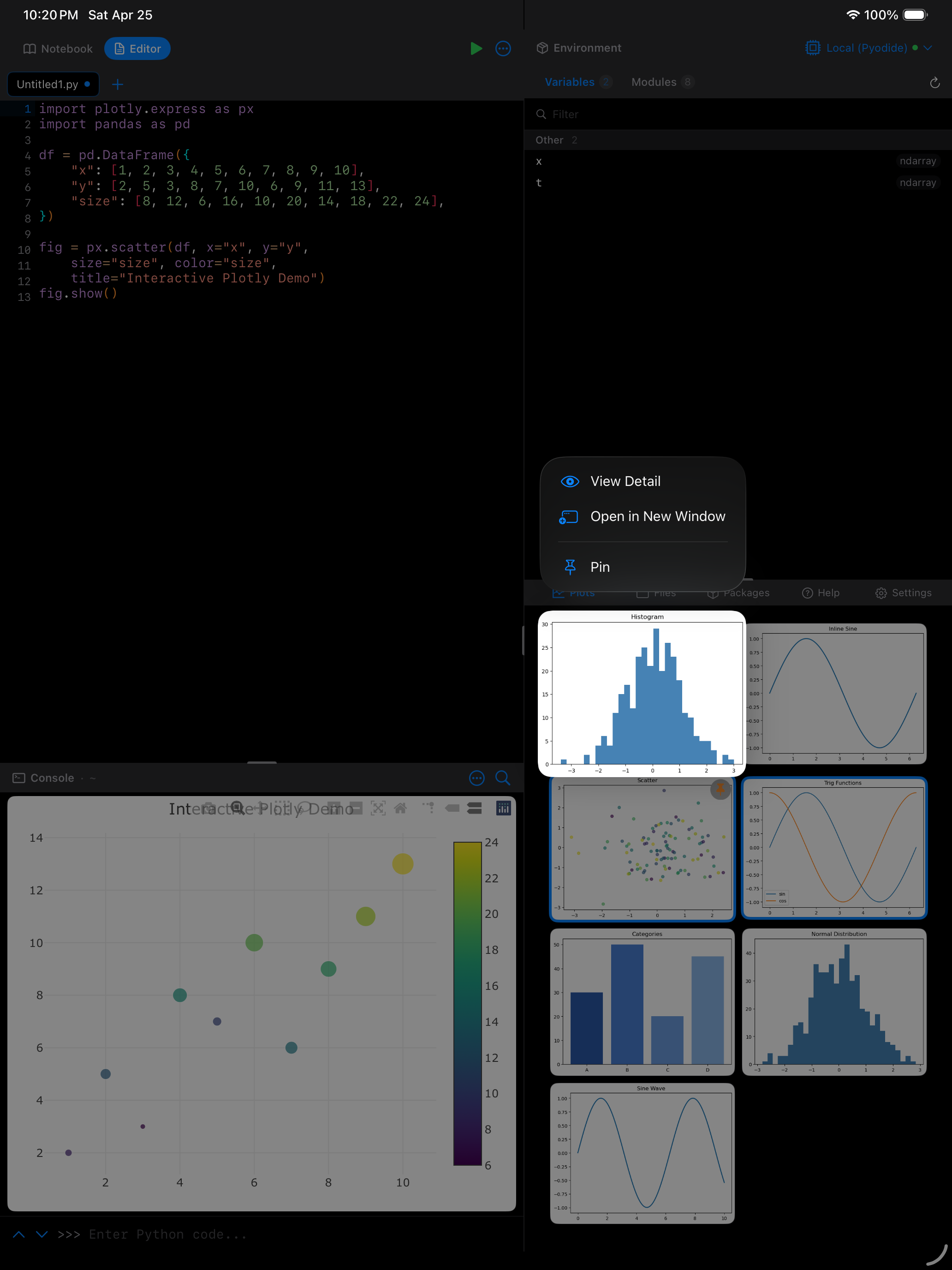 Long-press context menu on a plot thumbnail showing Open in New Window