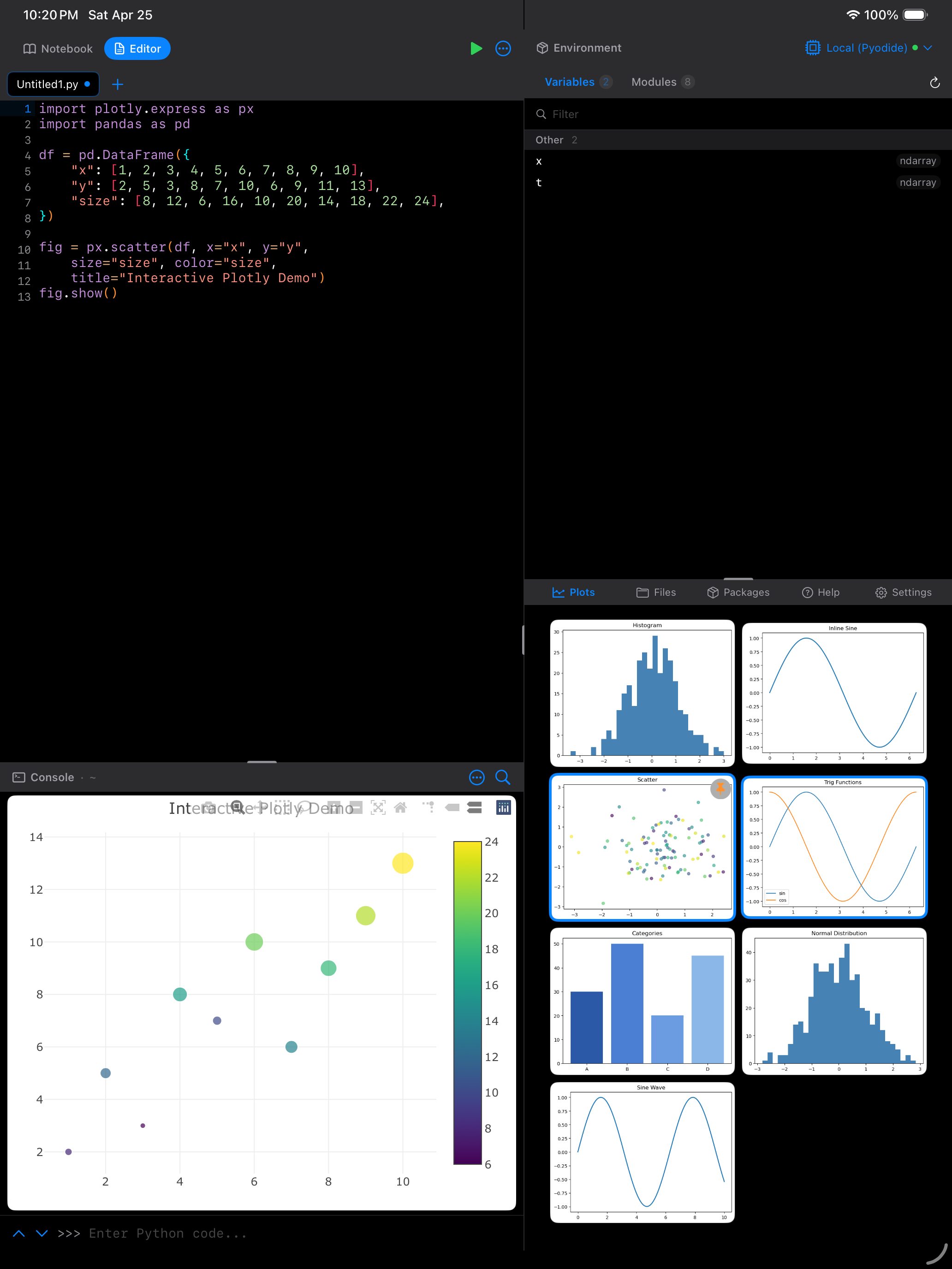 Interactive Plotly chart rendered inline in the Console on iPad