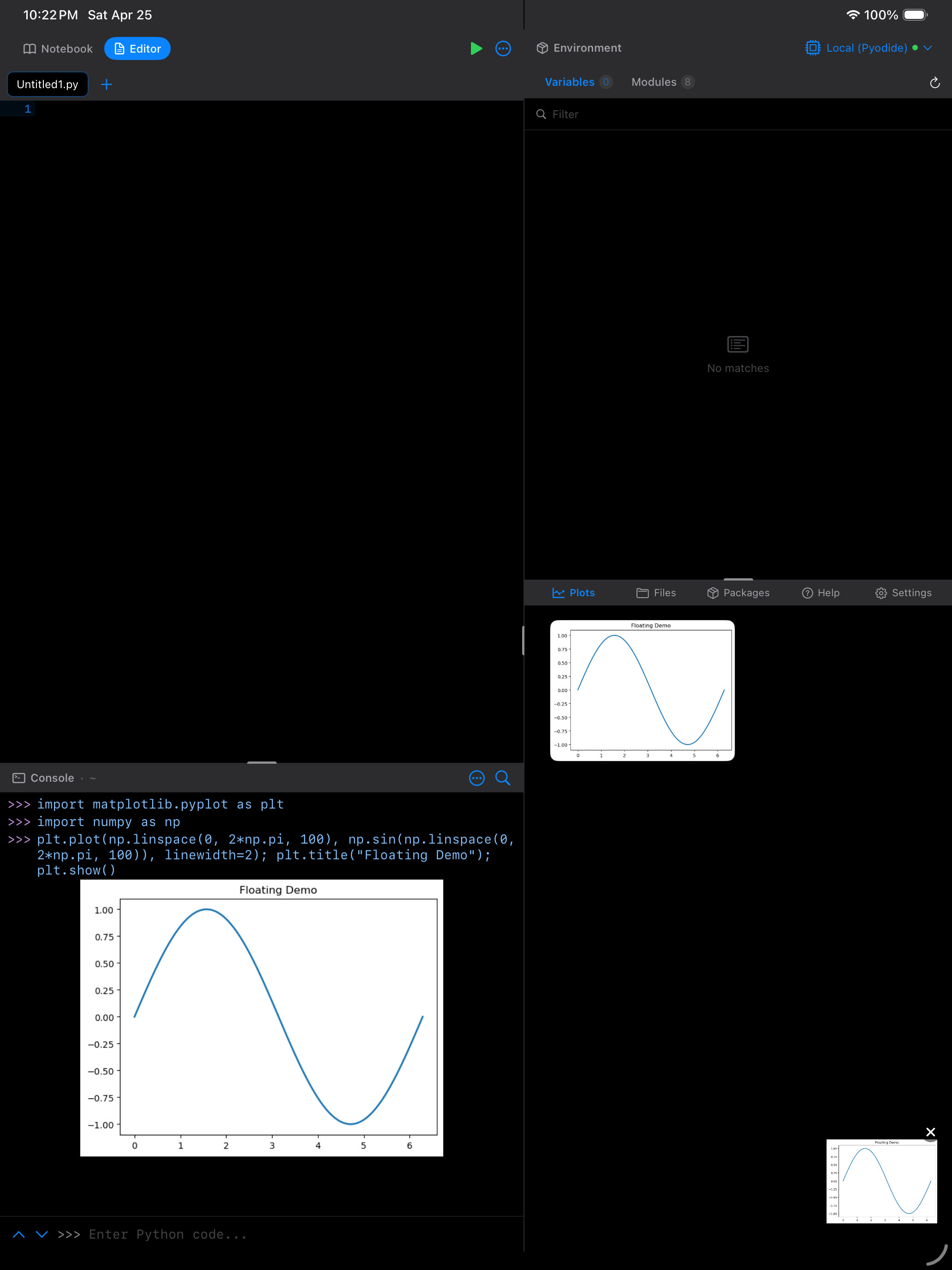 Floating plot overlay thumbnail on iPad