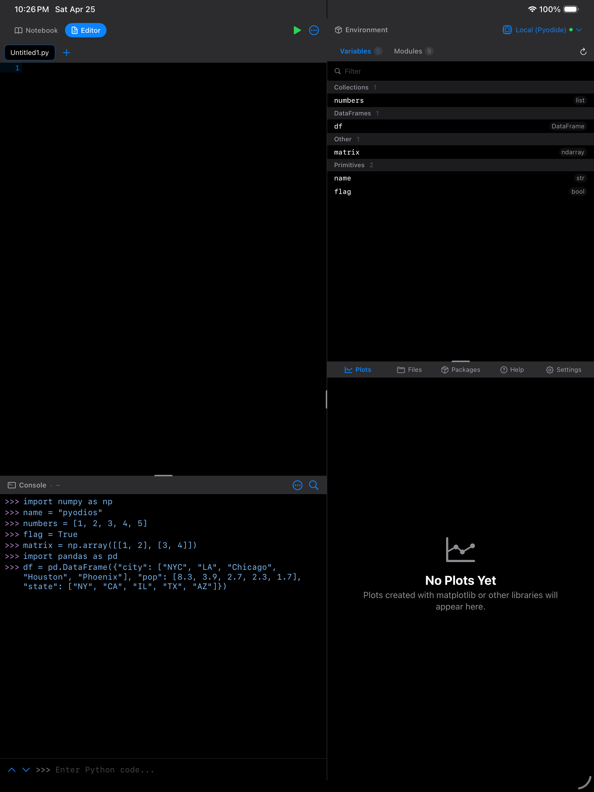 DataFrame viewer on iPad in dark mode