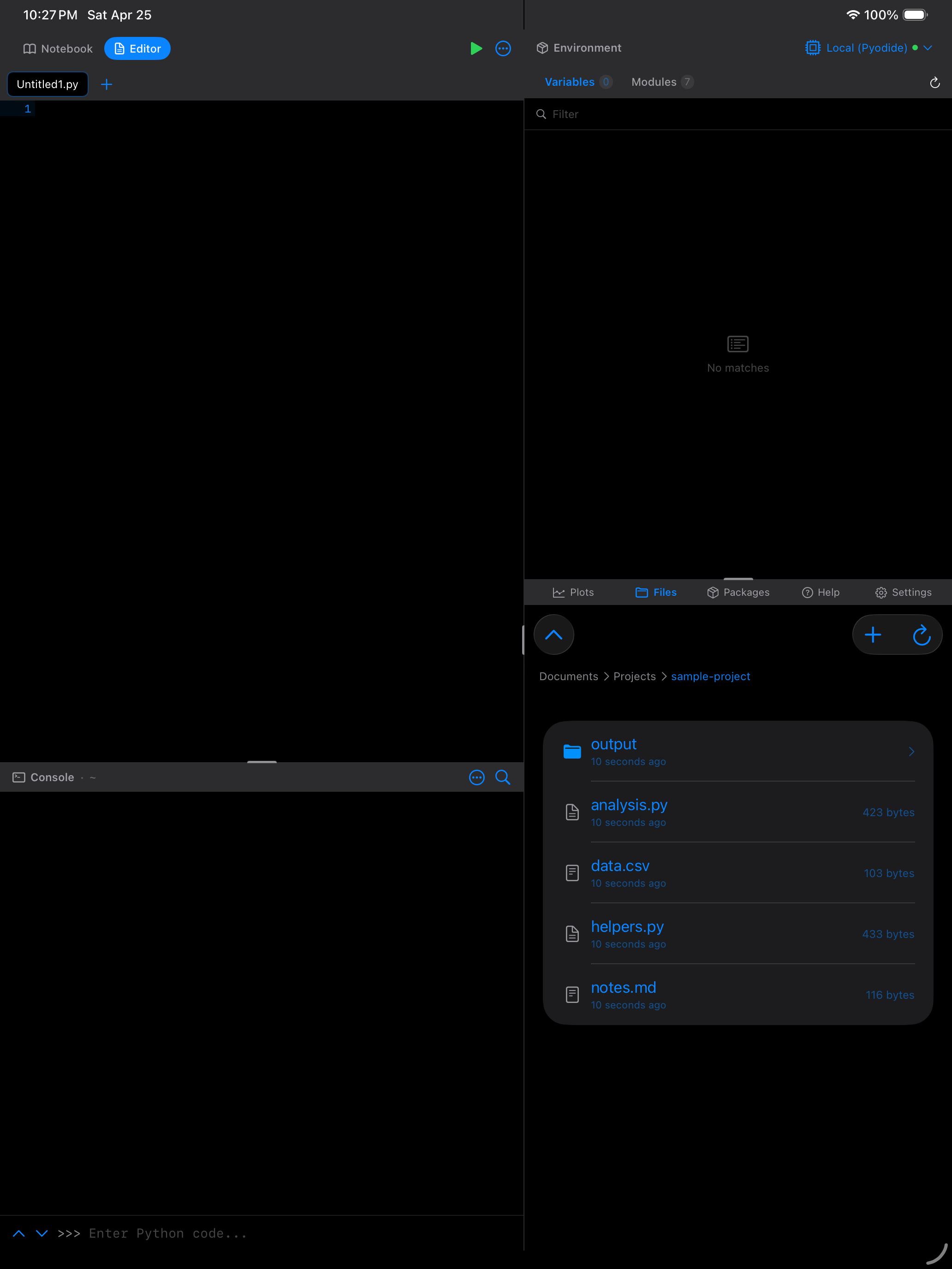 Files tab on iPad in dark mode showing Python scripts and folders
