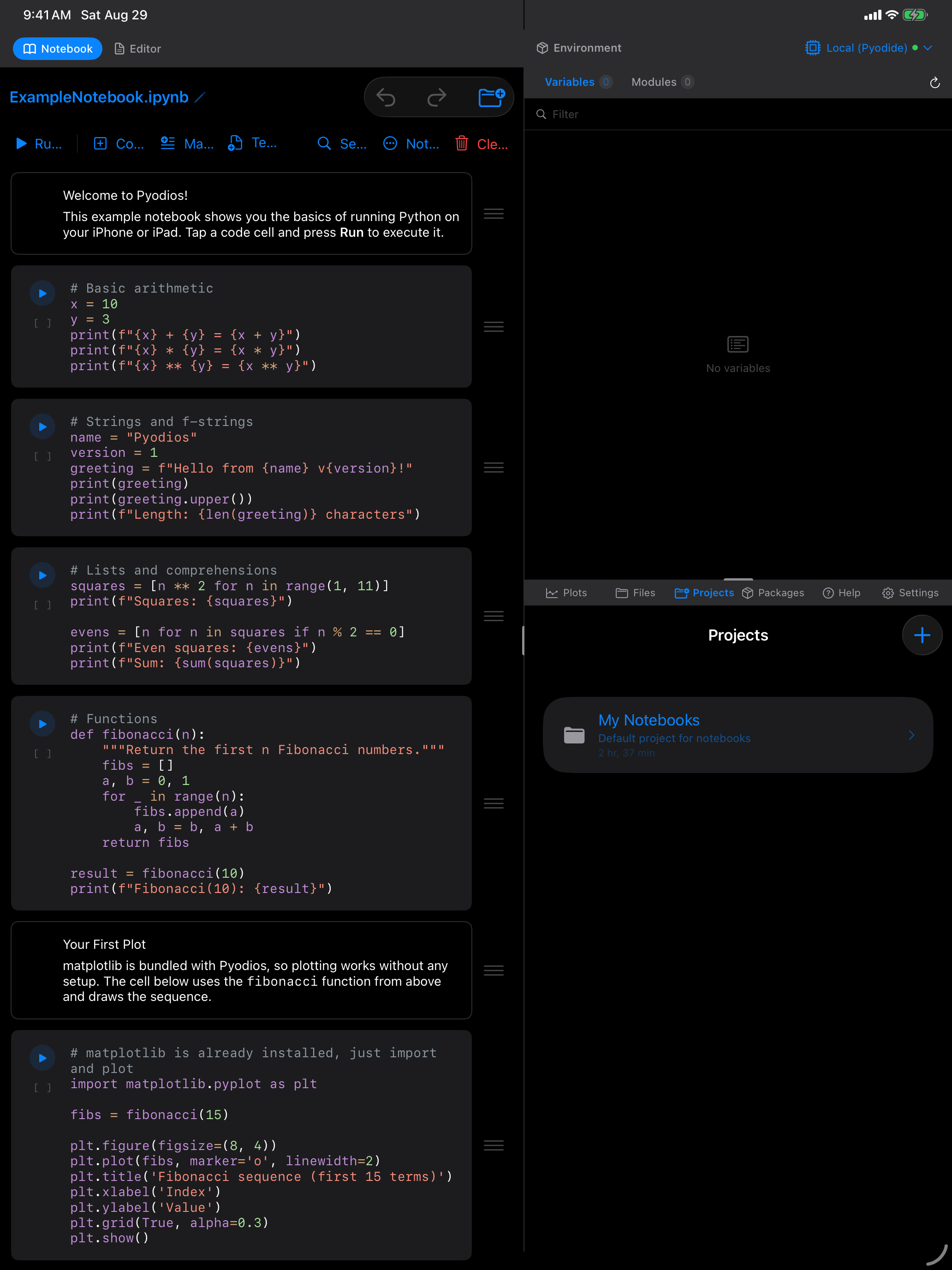 Projects list on iPad in dark mode
