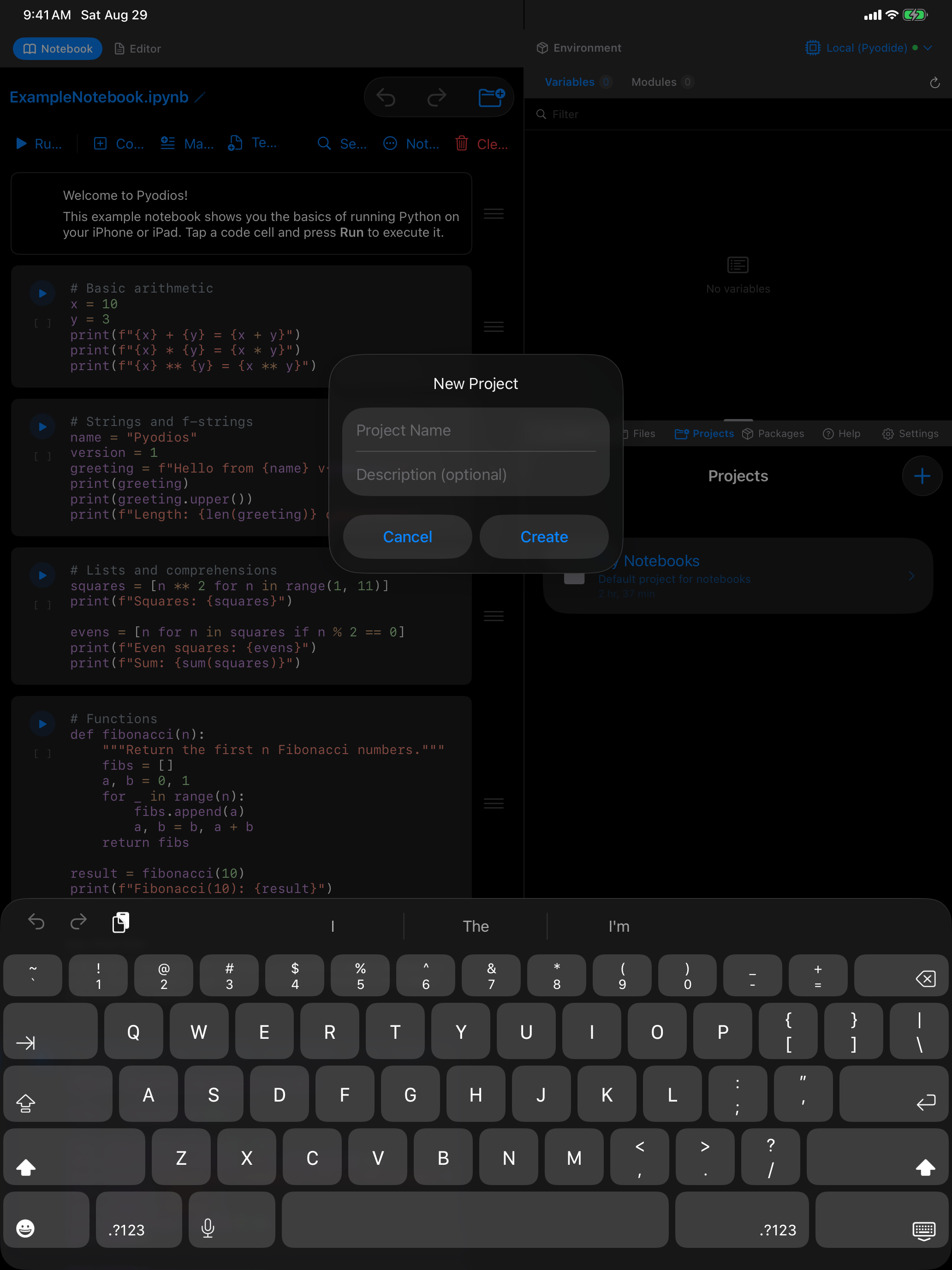 New Project dialog on iPad in dark mode