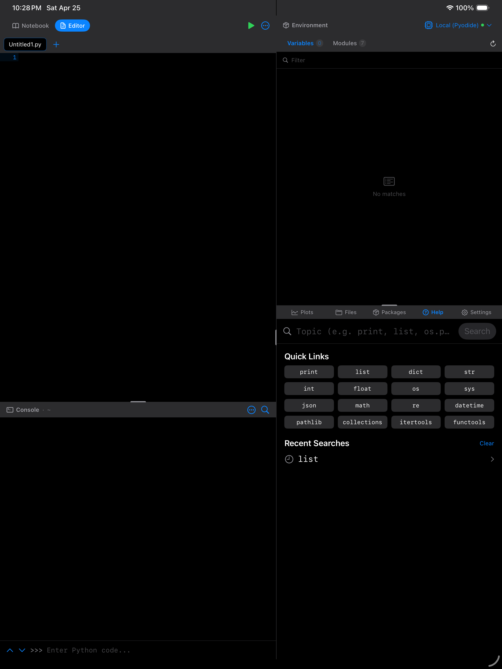Help tab on iPad in dark mode showing Quick Links grid