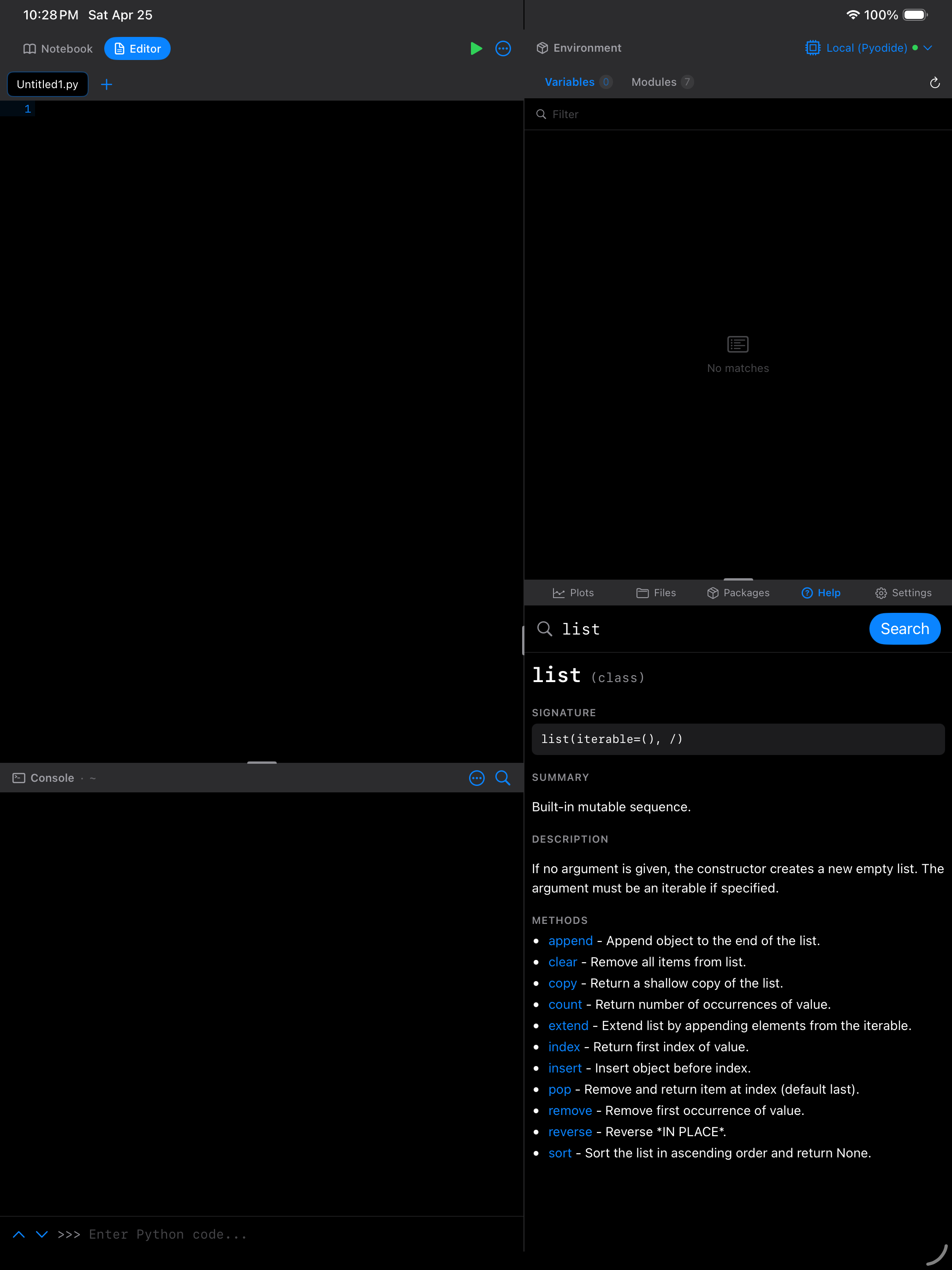 Help tab on iPad in dark mode showing a pydoc HTML result