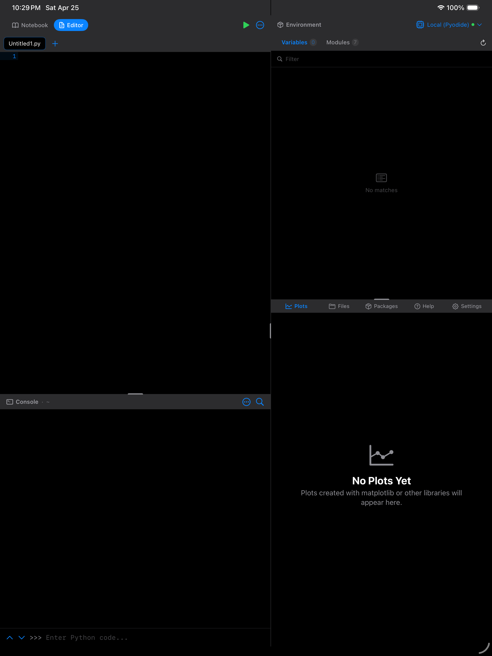 iPad workspace in dark mode with help(list) on the left and Help pane on the right