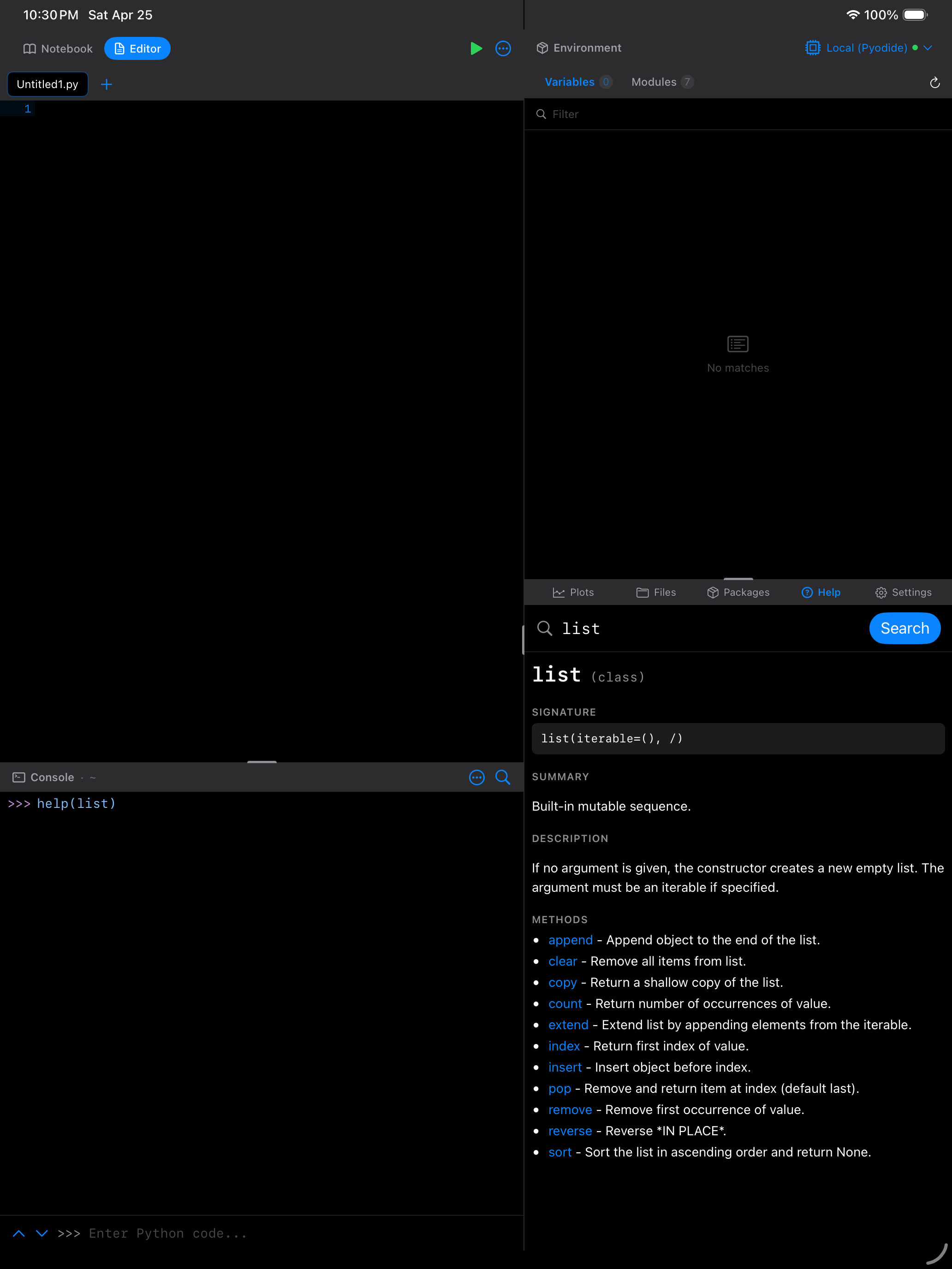 iPad Editor workspace in dark mode with Console help(list) and the Help pane on the right