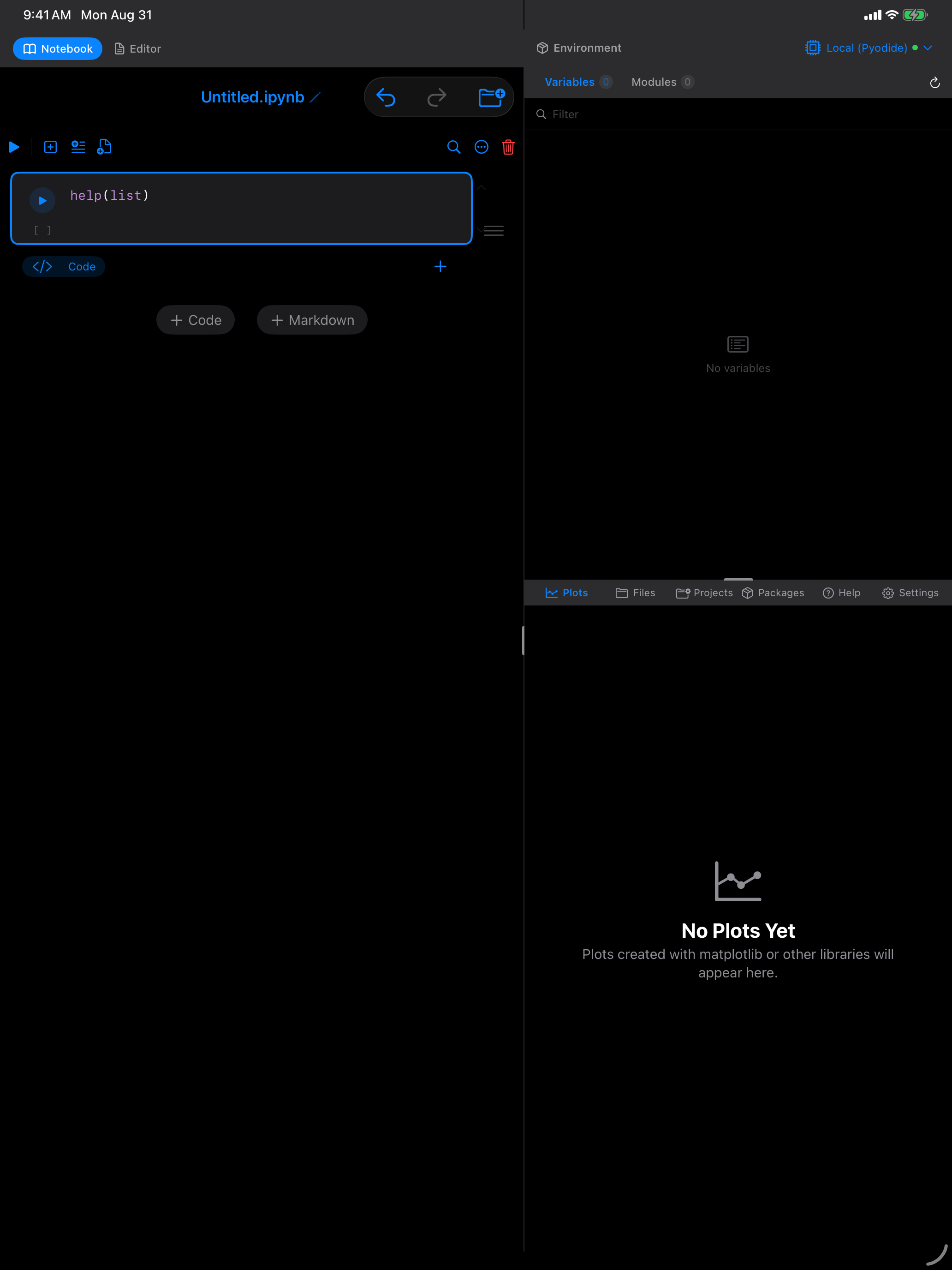 help(list) in a notebook cell, before running it in dark mode