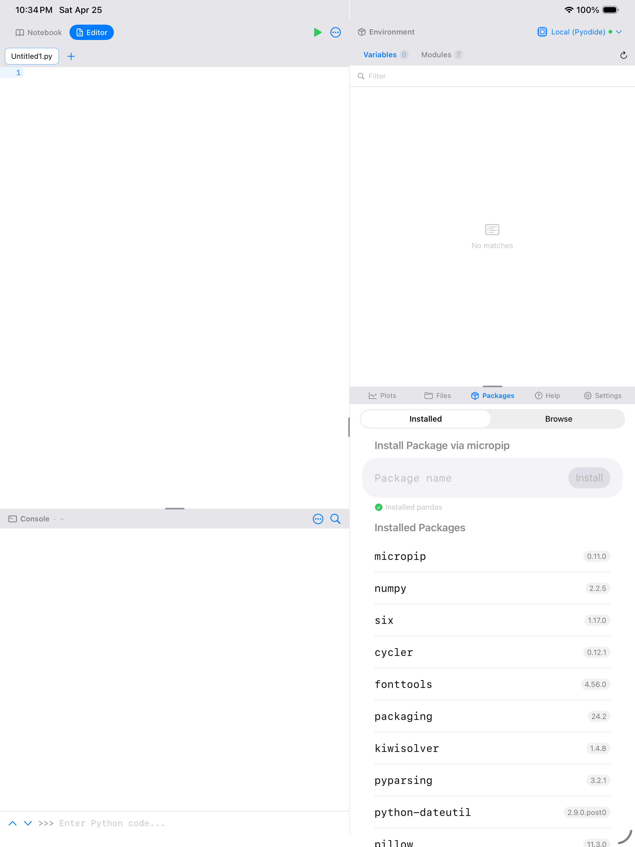 Packages tab on iPad showing installed packages in the list below the install field