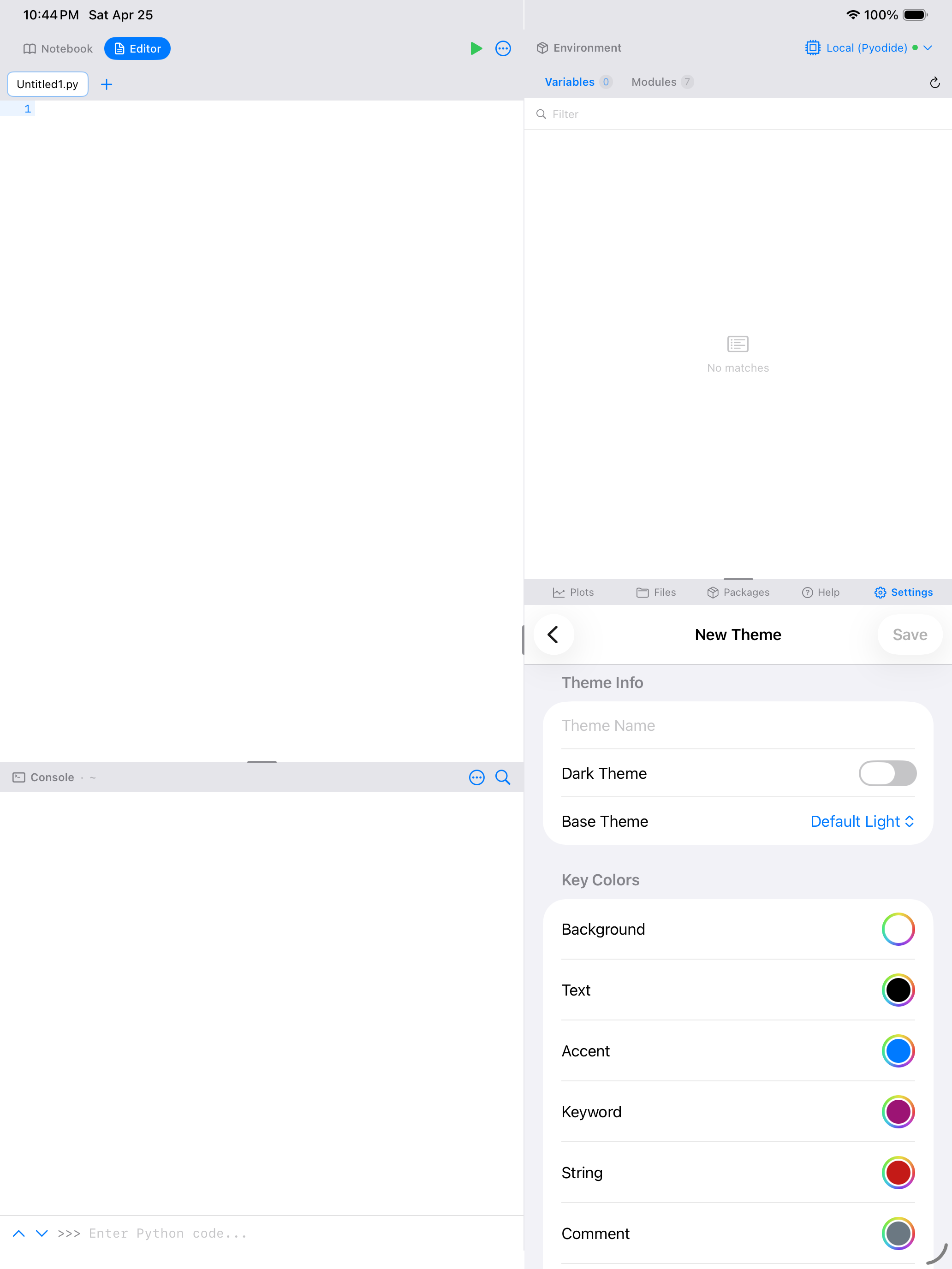 Theme editor on iPad showing key colors and live preview