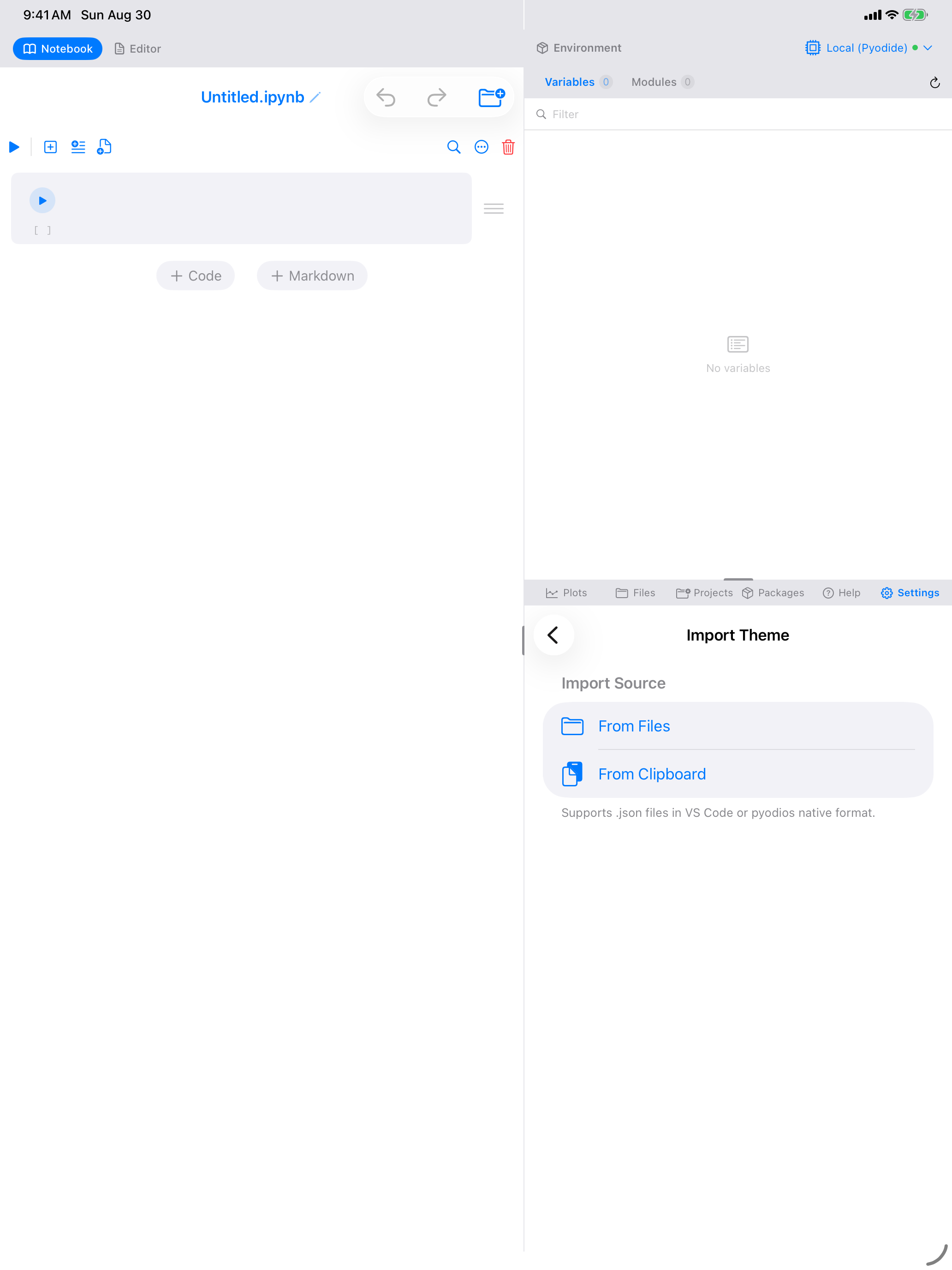 Import Theme screen on iPad offering From Files and From Clipboard