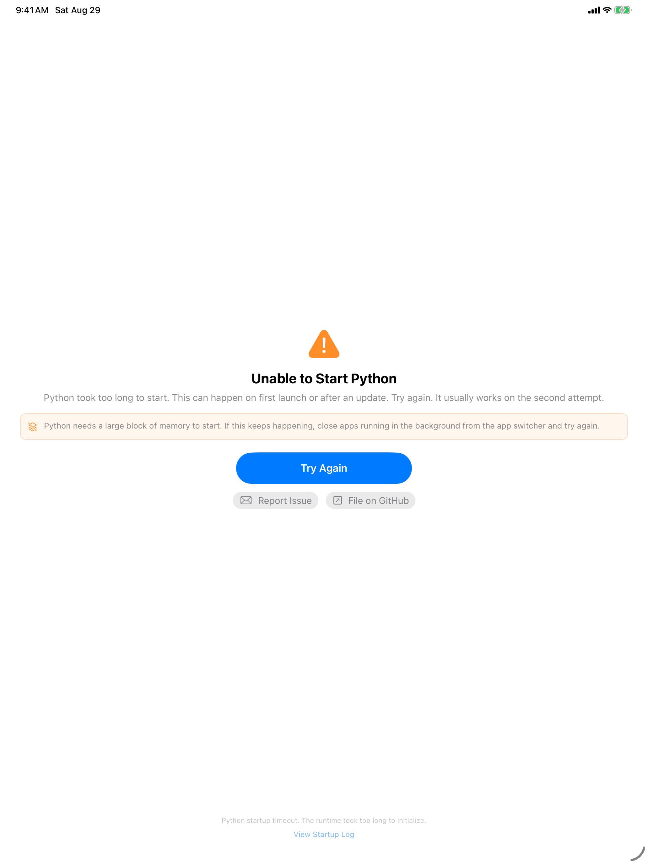 The Unable to Start Python screen on iPad, offering Report Issue and File on GitHub