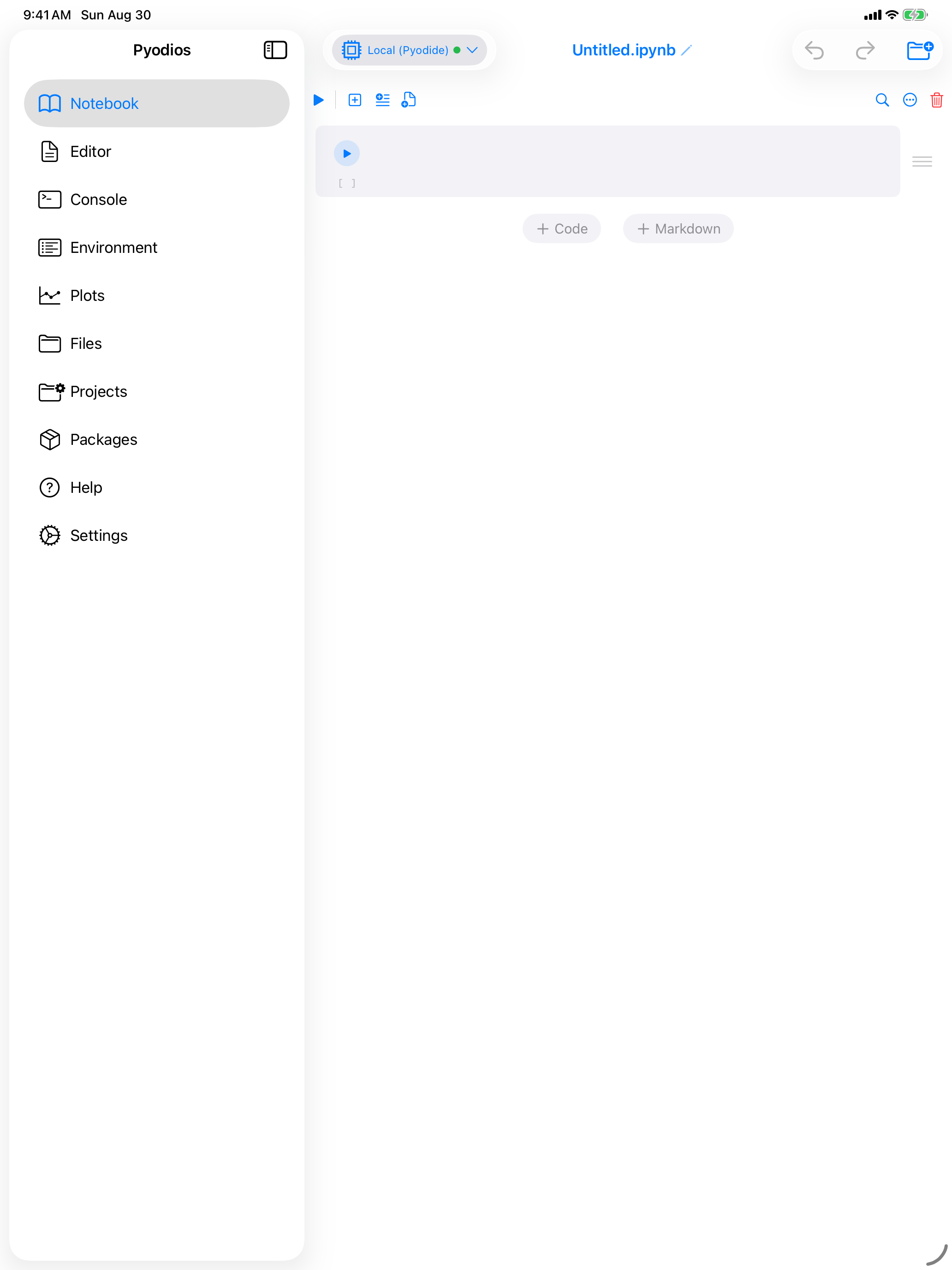iPad sidebar layout listing every section, with the notebook in the detail pane