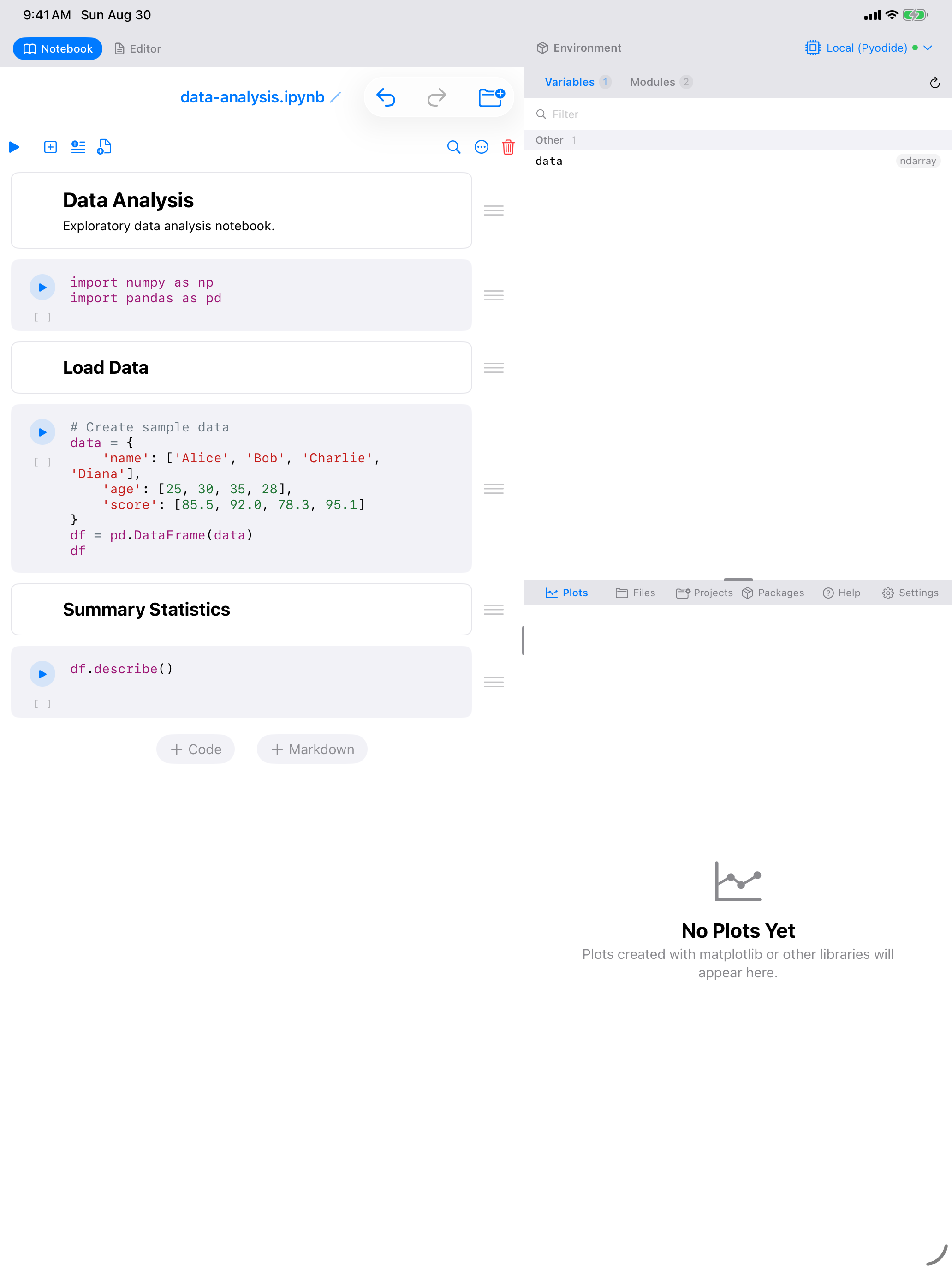 Data Analysis template: pandas import and a DataFrame of sample data