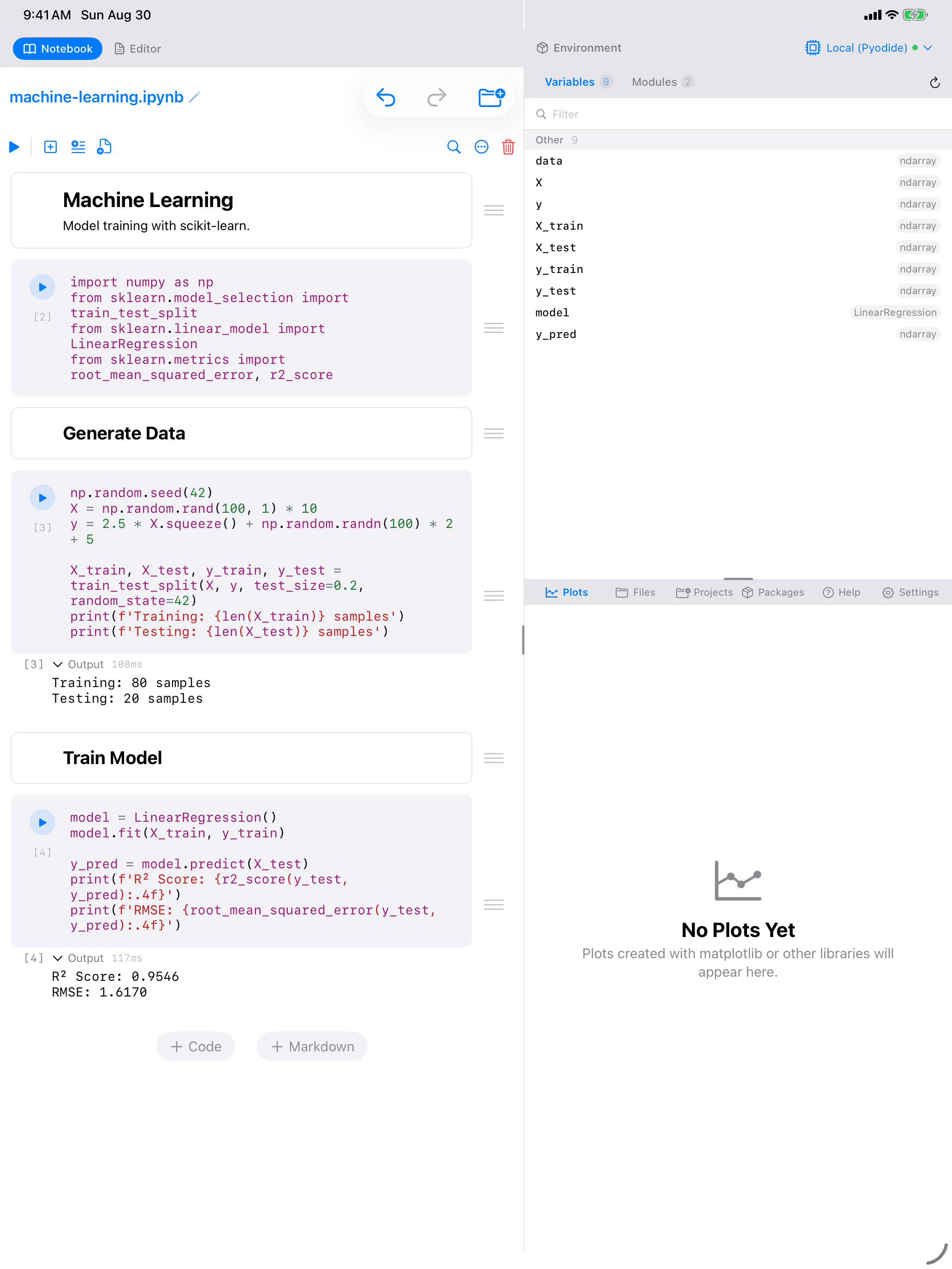 Machine Learning template after running: R squared and RMSE printed, variables in the Environment pane