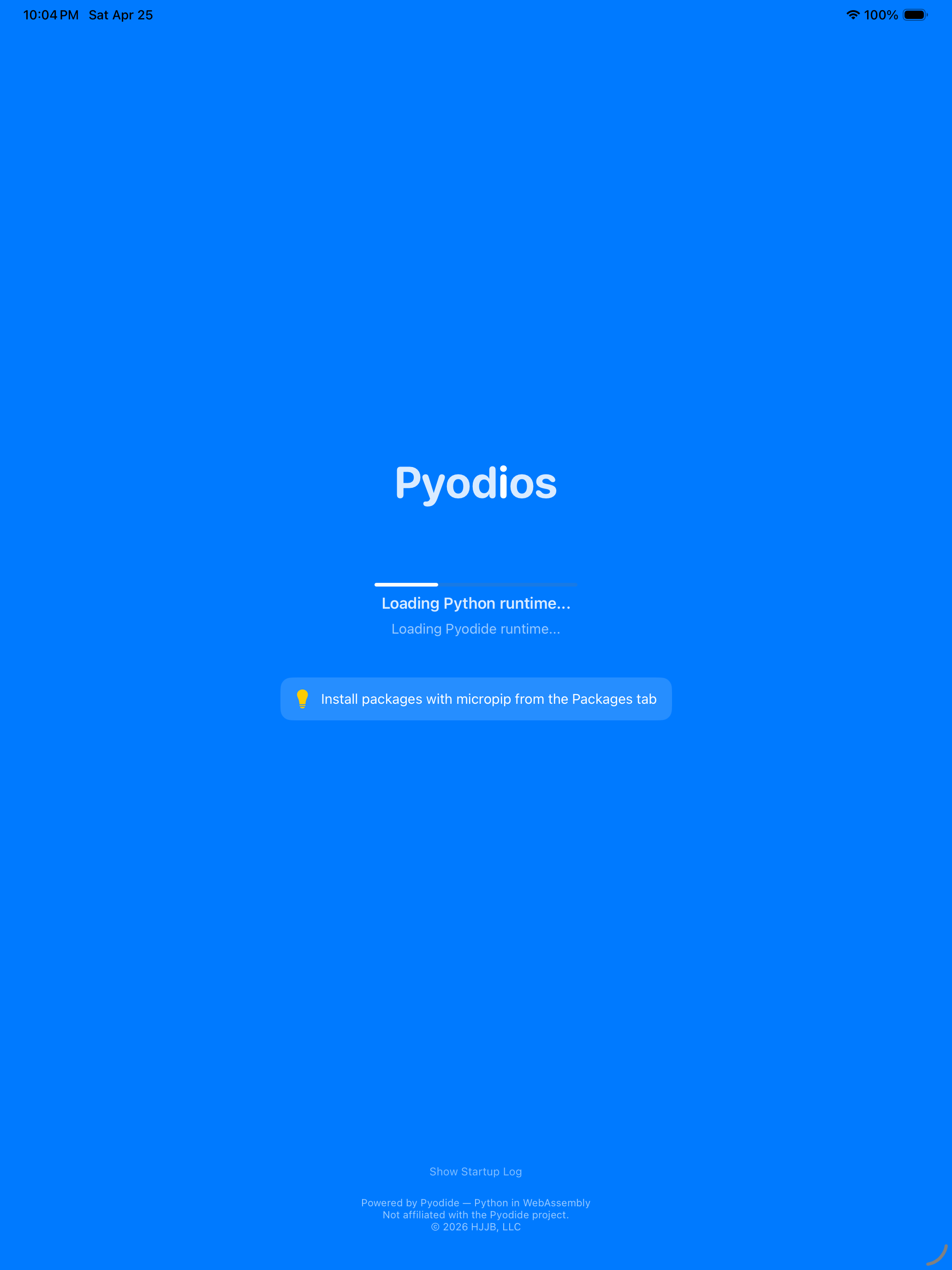Pyodios loading screen with progress bar on iPad
