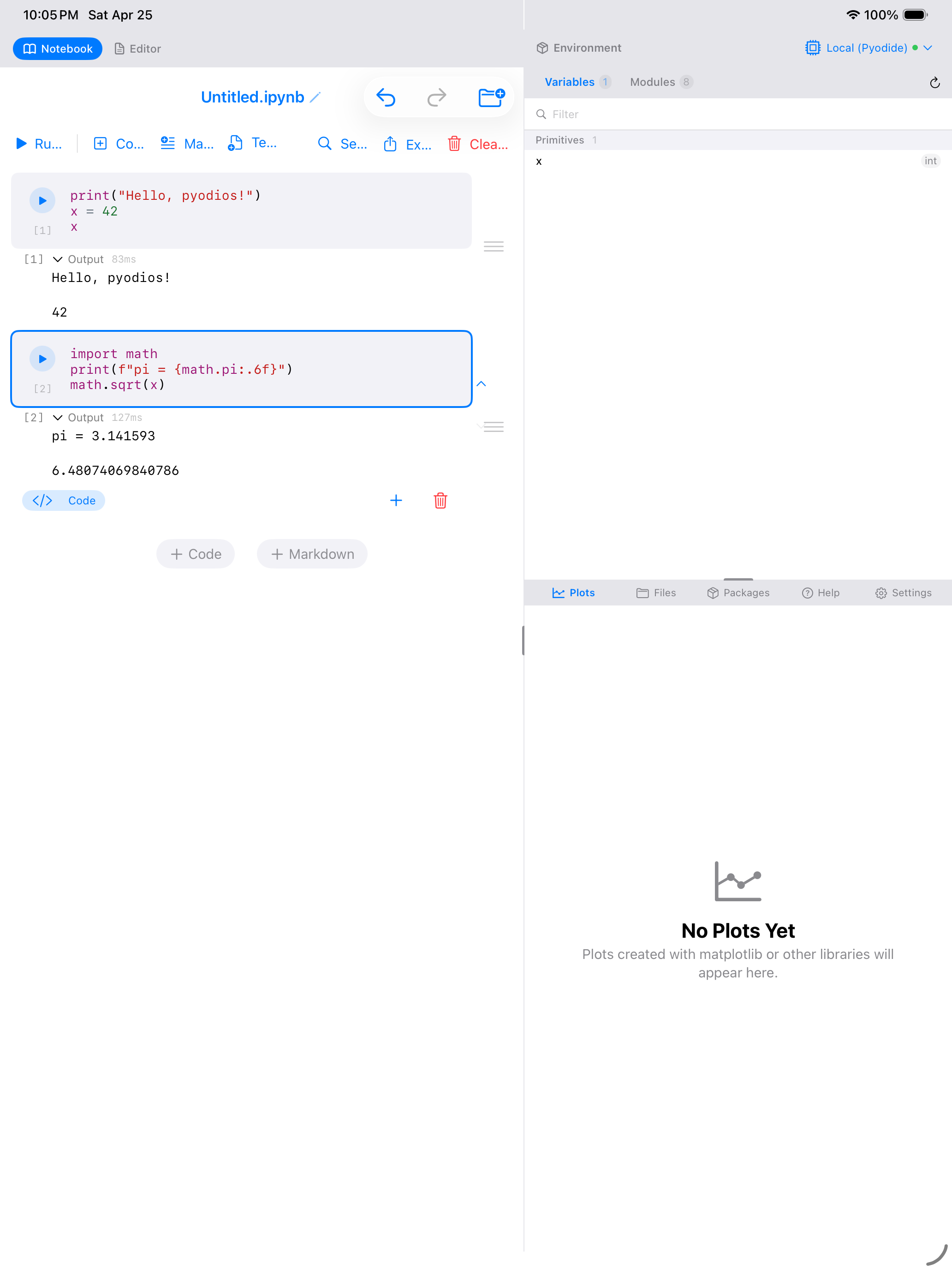 Notebook with math output on iPad