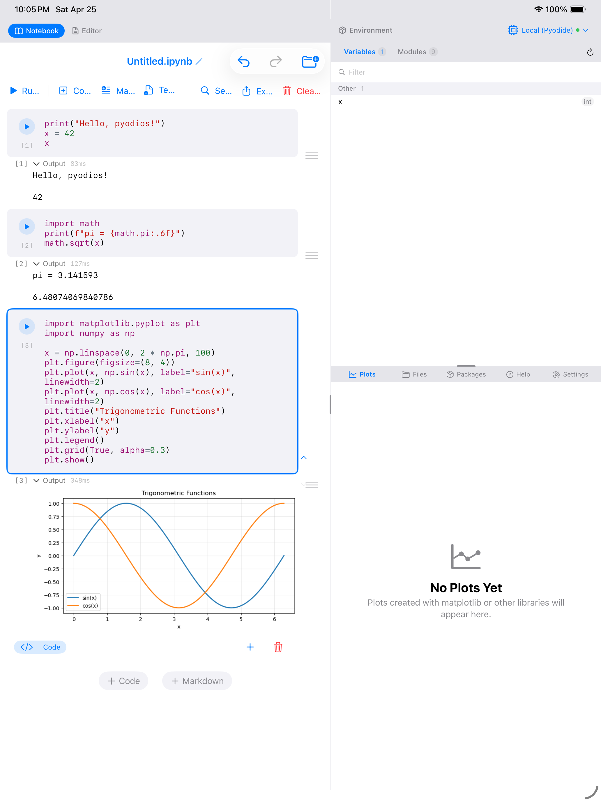 Notebook with plot code and inline output on iPad