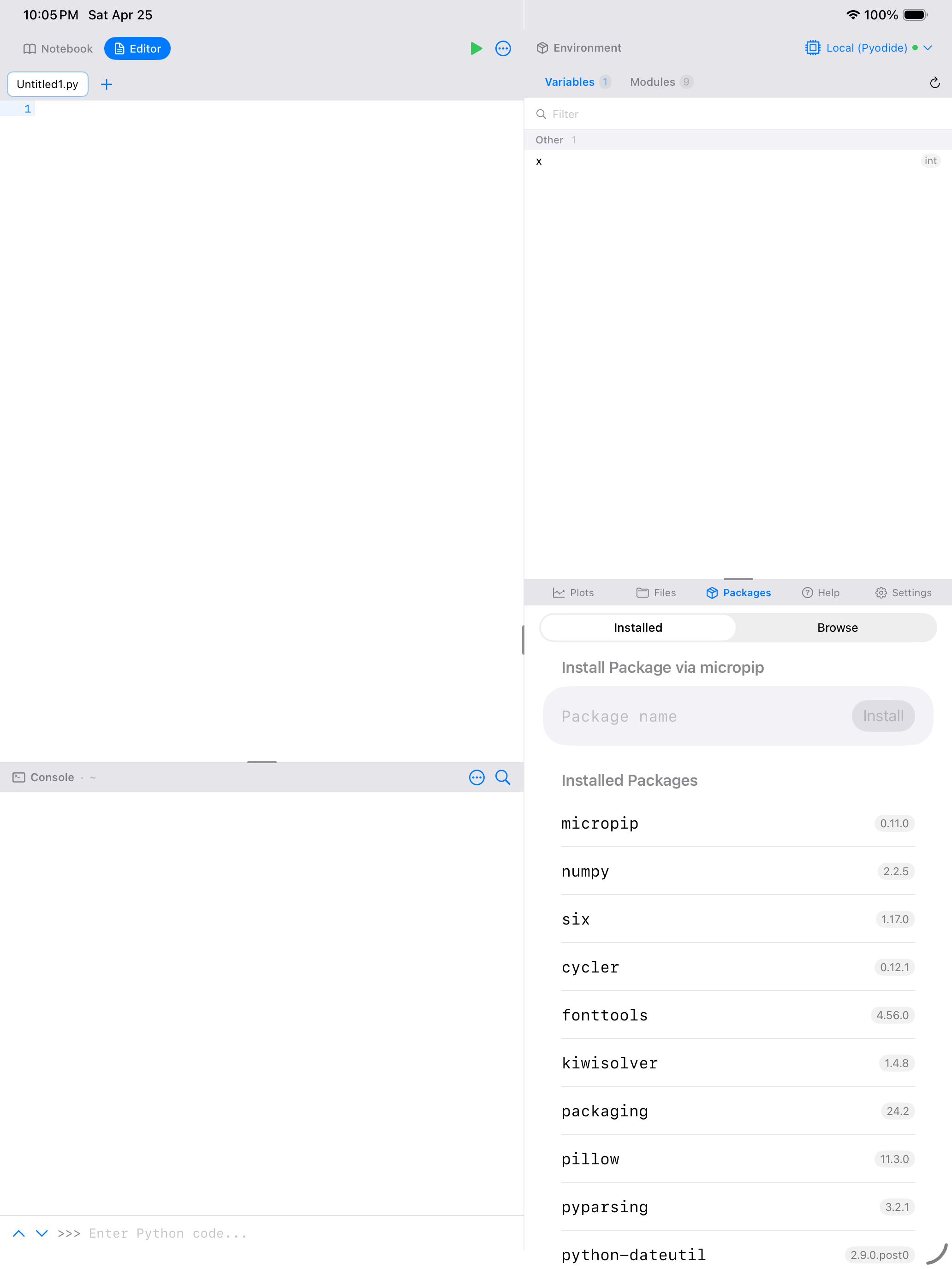 Packages tab on iPad with inline Install Package field visible above the Installed Packages list